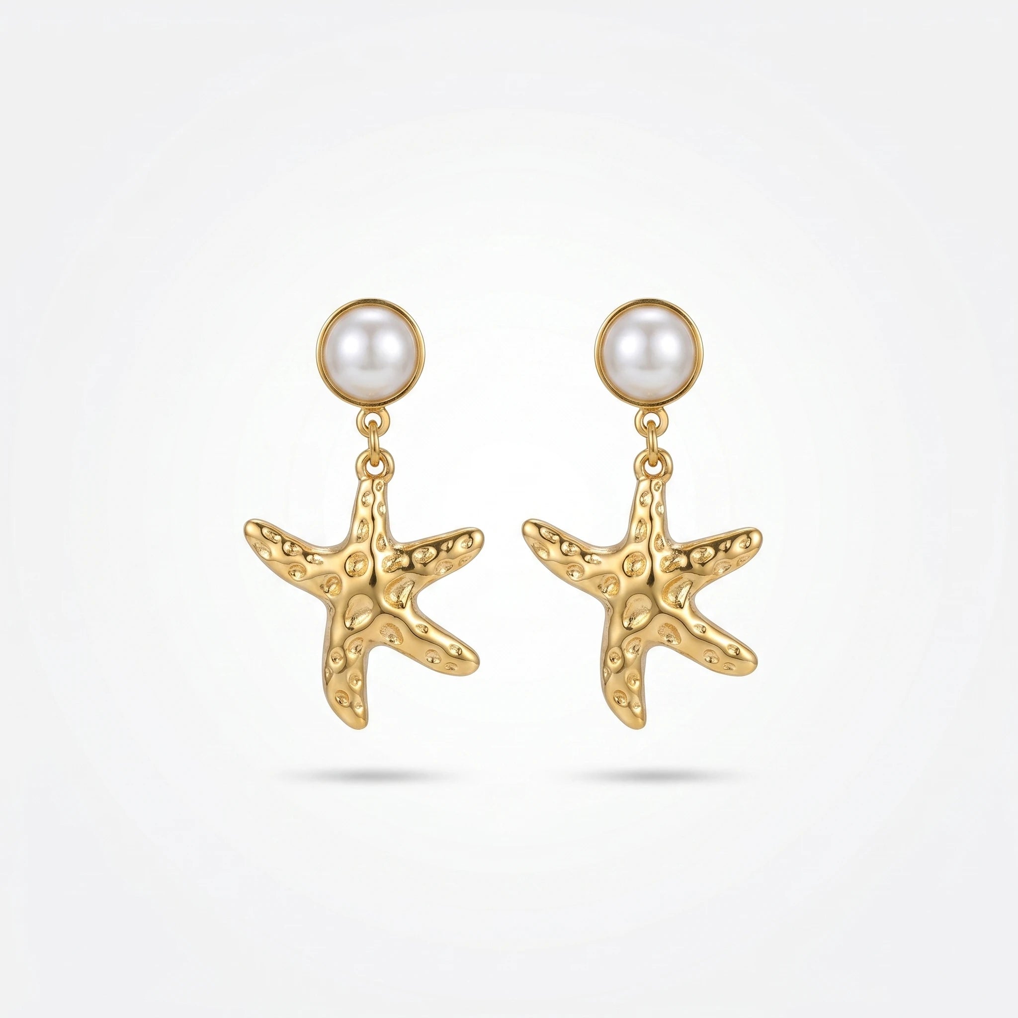 QIAOREN 13216 Gold Plated Pearl Starfish Drop Earrings for Women Stainless Steel Beach Coastal Fashion Jewelry