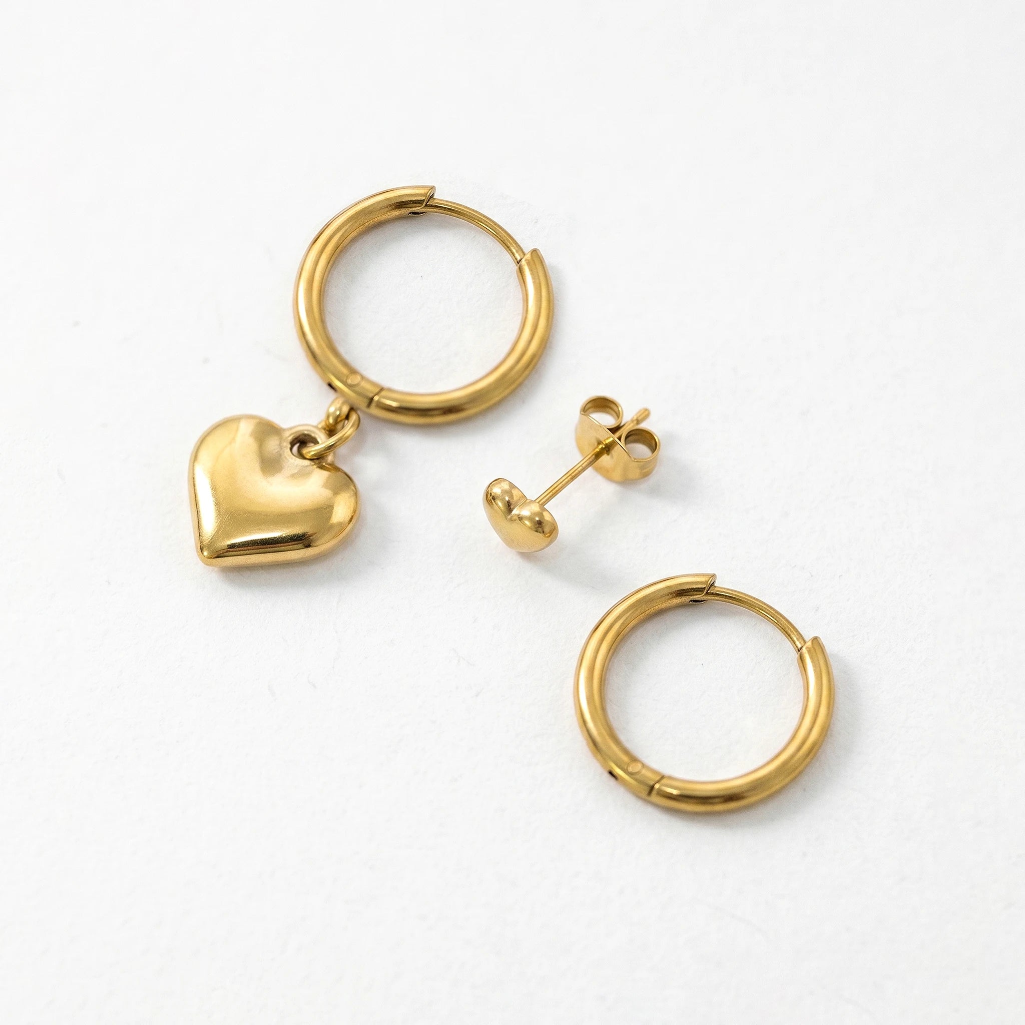 QIAOREN 11764 Minimalist Solid Puffy Heart Combo Earrings 18K Gold Plated Stainless Steel Hoop Stud Set Party Women's