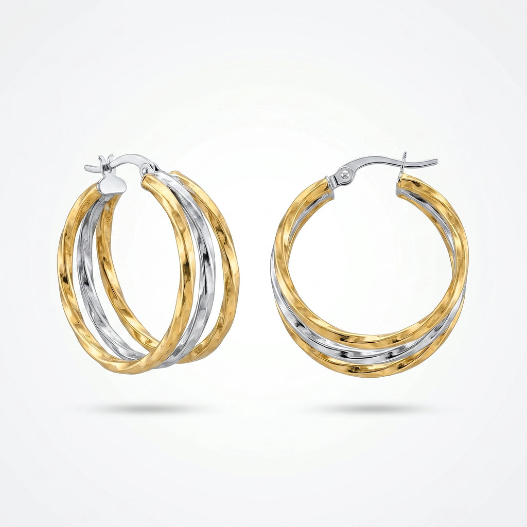 QIAOREN 12436 Tarnish Free Waterproof 3-Row Overlapping Hoops Gold Stainless Steel Two Tone Liquid Metal Latchback EU