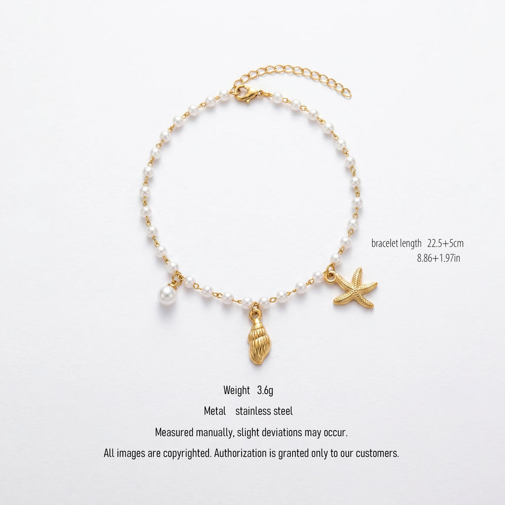 QIAOREN 10588 Starfish Seashell Pearl Trendy Party Anklet 18K Gold Plated Stainless Steel Waterproof Beach Jewelry for Women