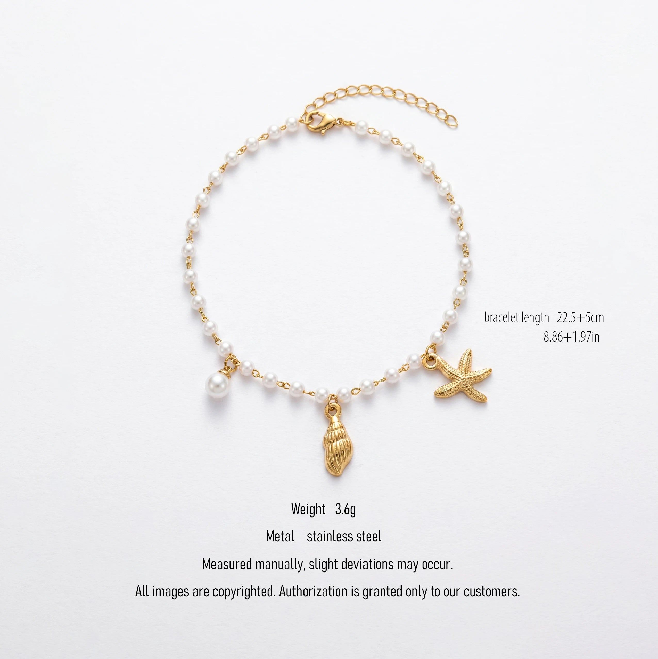 QIAOREN 10588 Starfish Seashell Pearl Trendy Party Anklet 18K Gold Plated Stainless Steel Waterproof Beach Jewelry for Women
