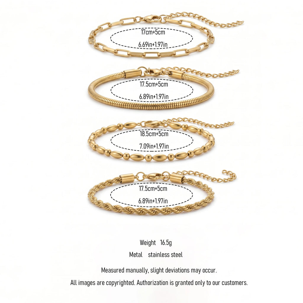 QIAOREN 11503 Waterproof Tarnish Resistant 18K Gold Plated Stainless Steel 4pcs Layering Bracelet Set