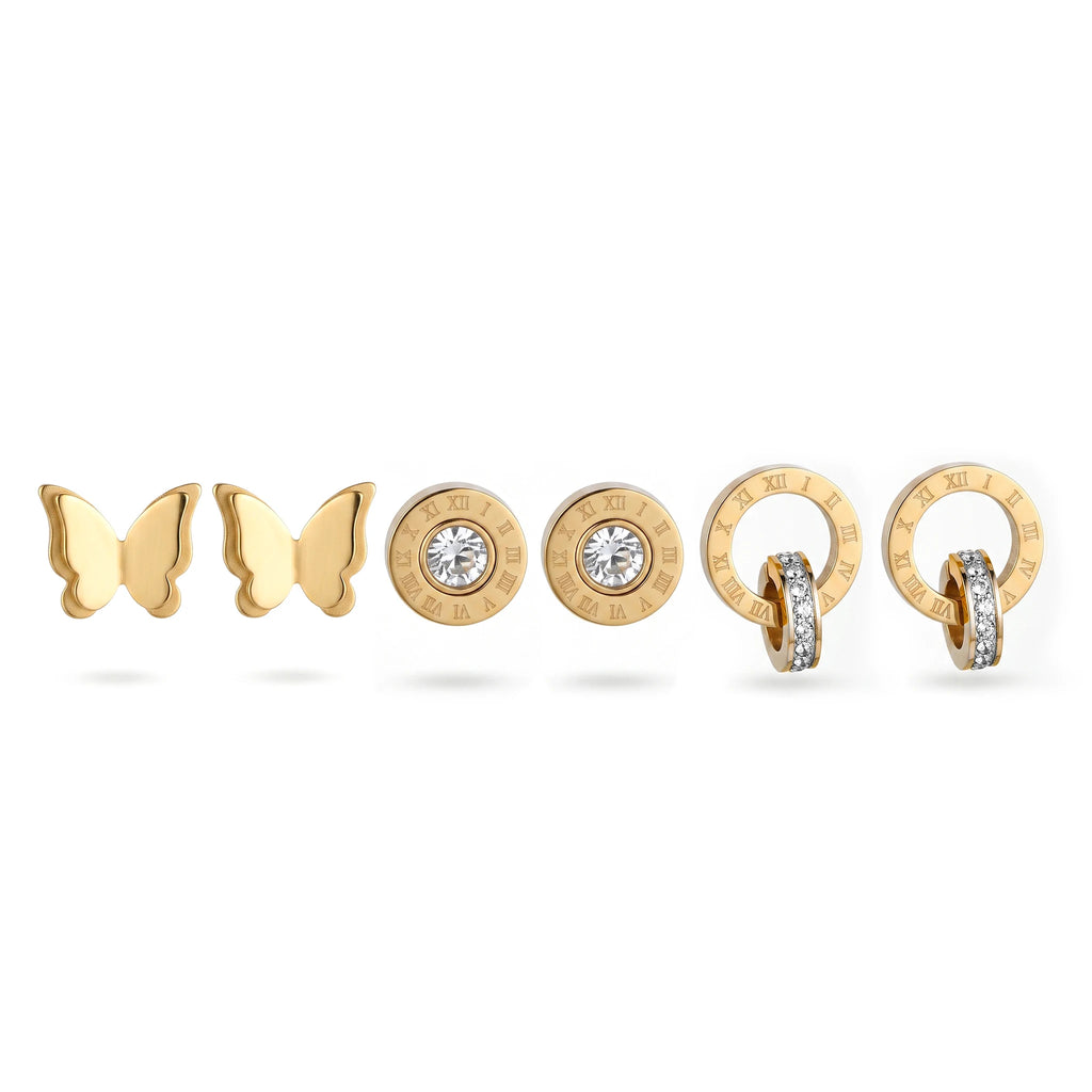 QIAOREN 14446 3 Pairs Gold Tone Stainless Steel Ear Studs Butterfly & Roman Numeral CZ Stud Earrings Set Jewelry Gift
