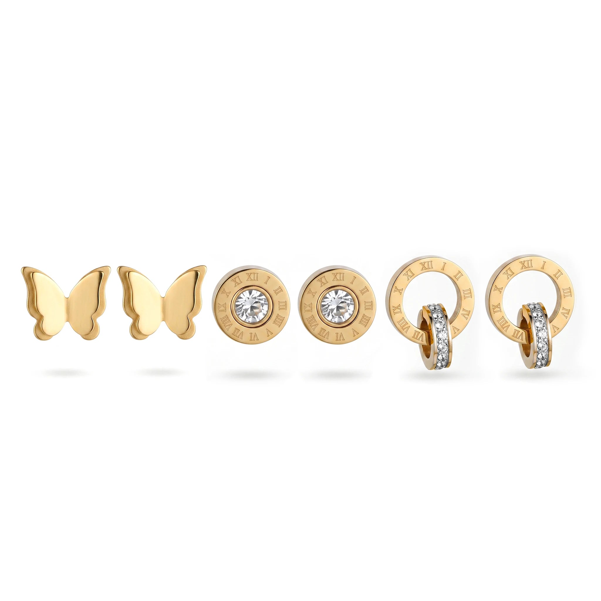 QIAOREN 14446 3 Pairs Gold Tone Stainless Steel Ear Studs Butterfly & Roman Numeral CZ Stud Earrings Set Jewelry Gift
