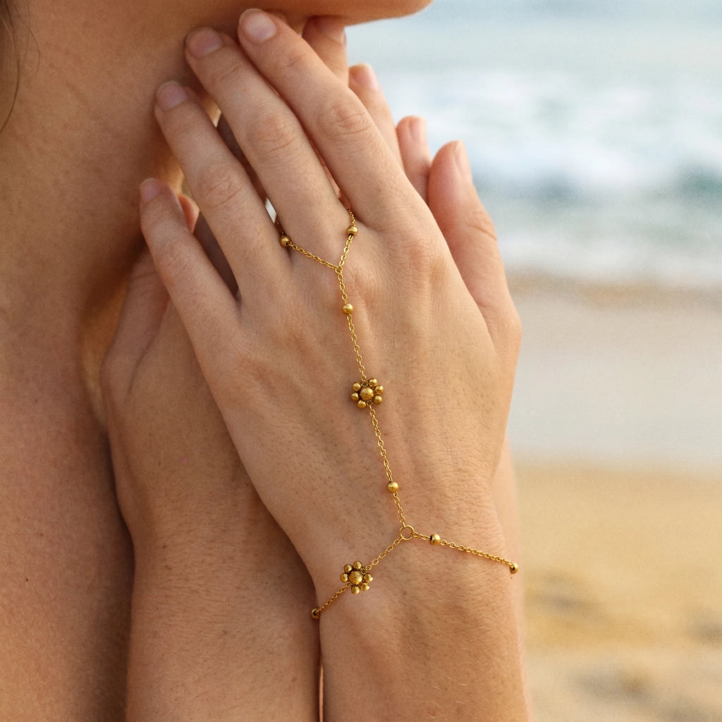 QIAOREN 10765 Gold Bead Flower Stainless Steel Hand Chain Bracelet  Slave Ring Bracelet for Women Party