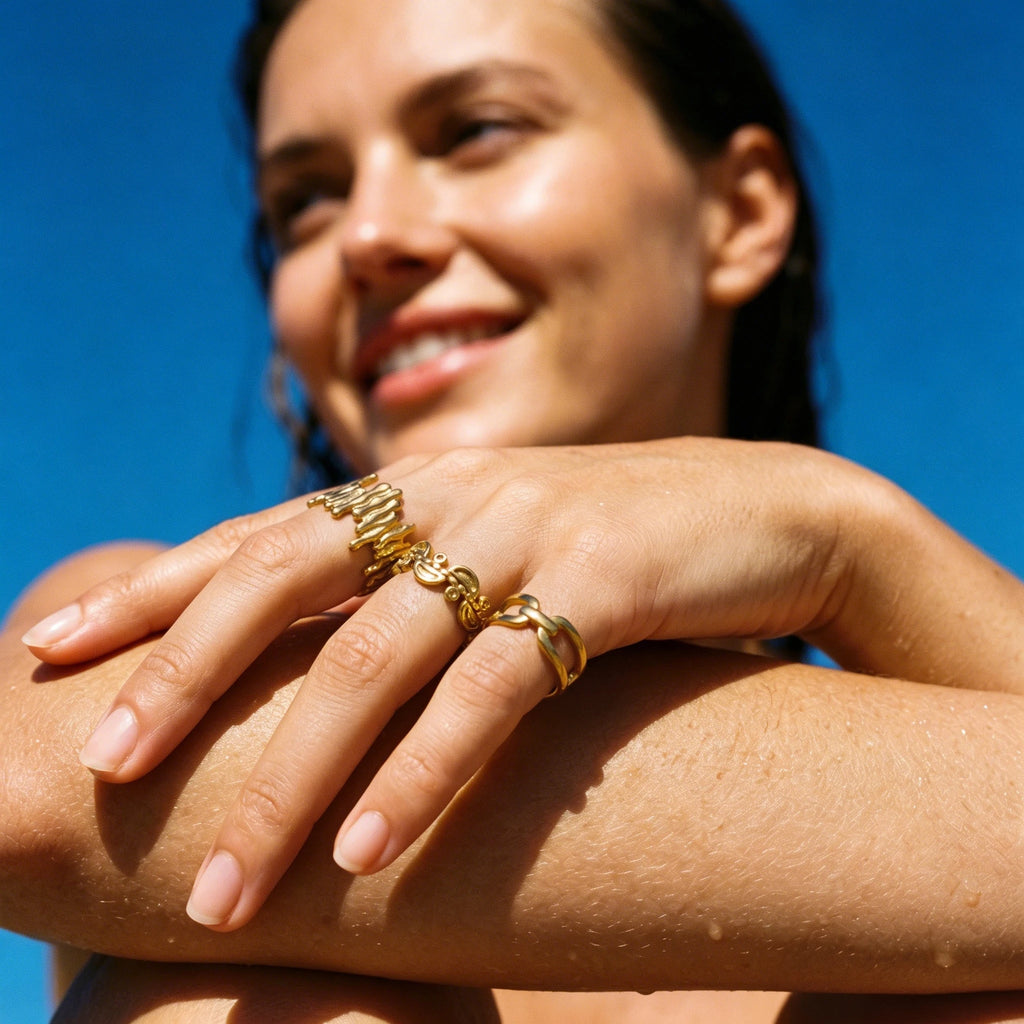 QIAOREN 5Pcs 18K Gold Plated Stainless Steel Open Ring Set, Adjustable Stackable Durable Finger Rings
