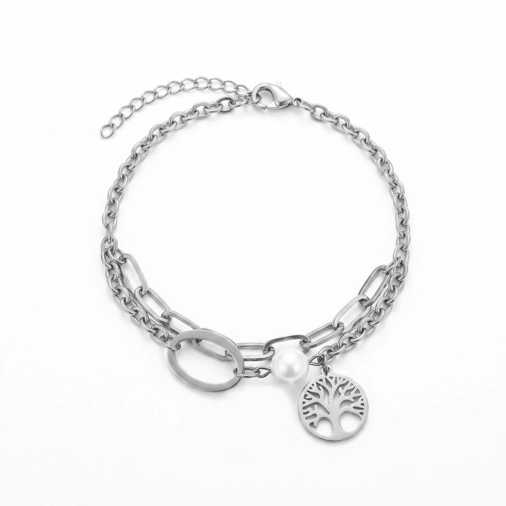 QIAOREN 10810 Waterproof 18K Gold Plated Stainless Steel Tree of Life Pearl Layered Bracelet for Women Family Gift Jewelry