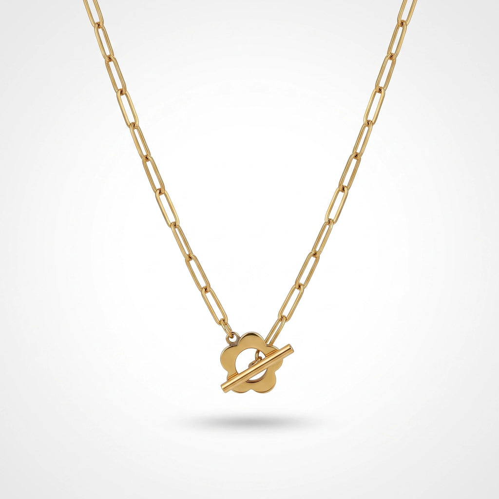 QIAOREN 13958 Stainless Steel T Bar Toggle Necklace Gold Paperclip Chain Minimalist Fashion Jewelry for Women
