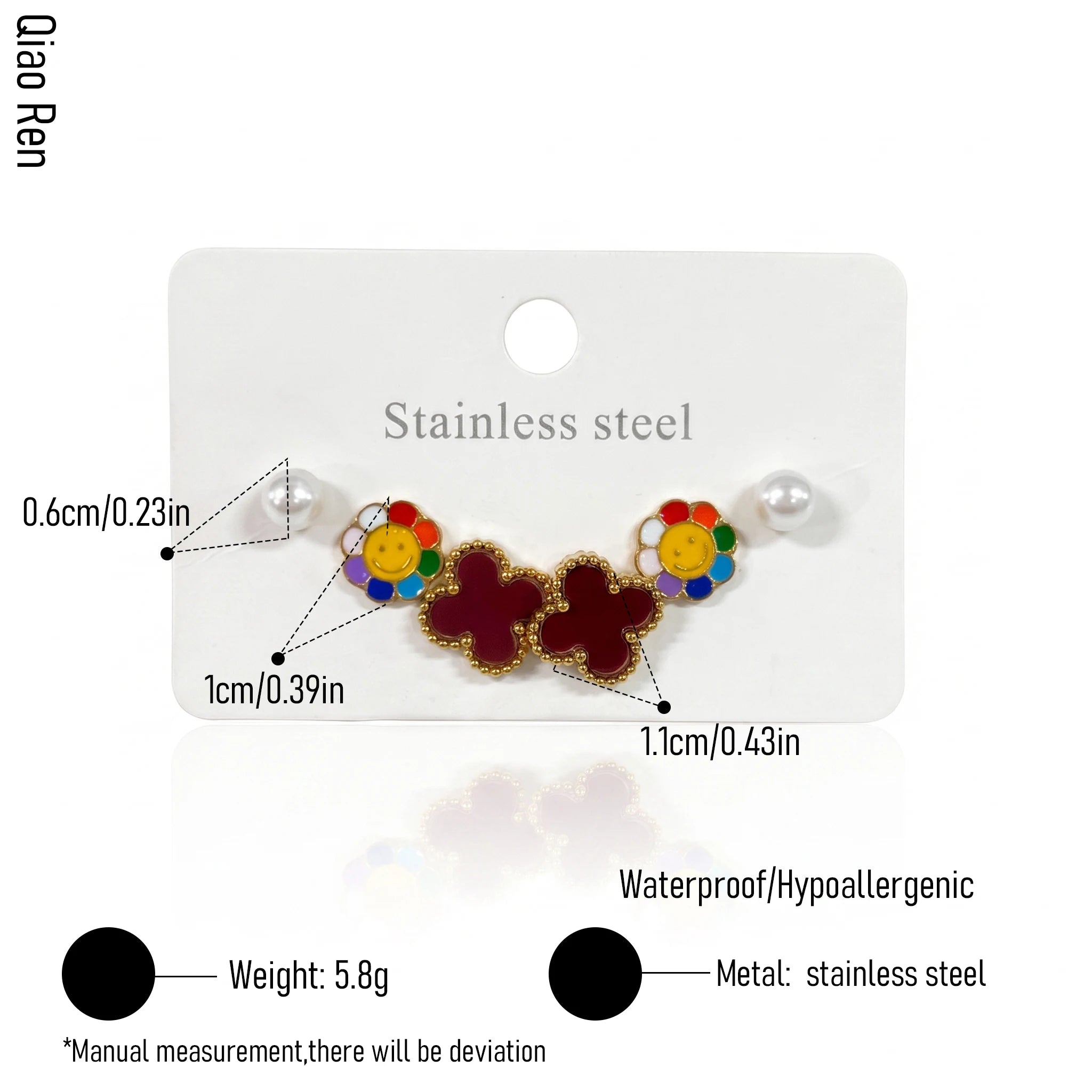 QIAOREN 14507 Stainless Steel Rainbow Smiley Flower Burgundy Clover Pearl Tiny Studs Multi Pack Cute Jewelry Gift