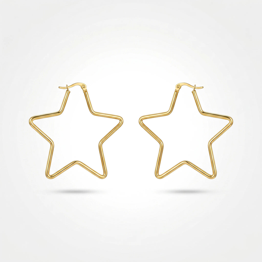 QIAOREN 12327 Trendy Star Hoop Earrings Gold Stainless Steel Sleek 5-Point Star Shaped Large Hoops Y2K Celestial Jewelry Women