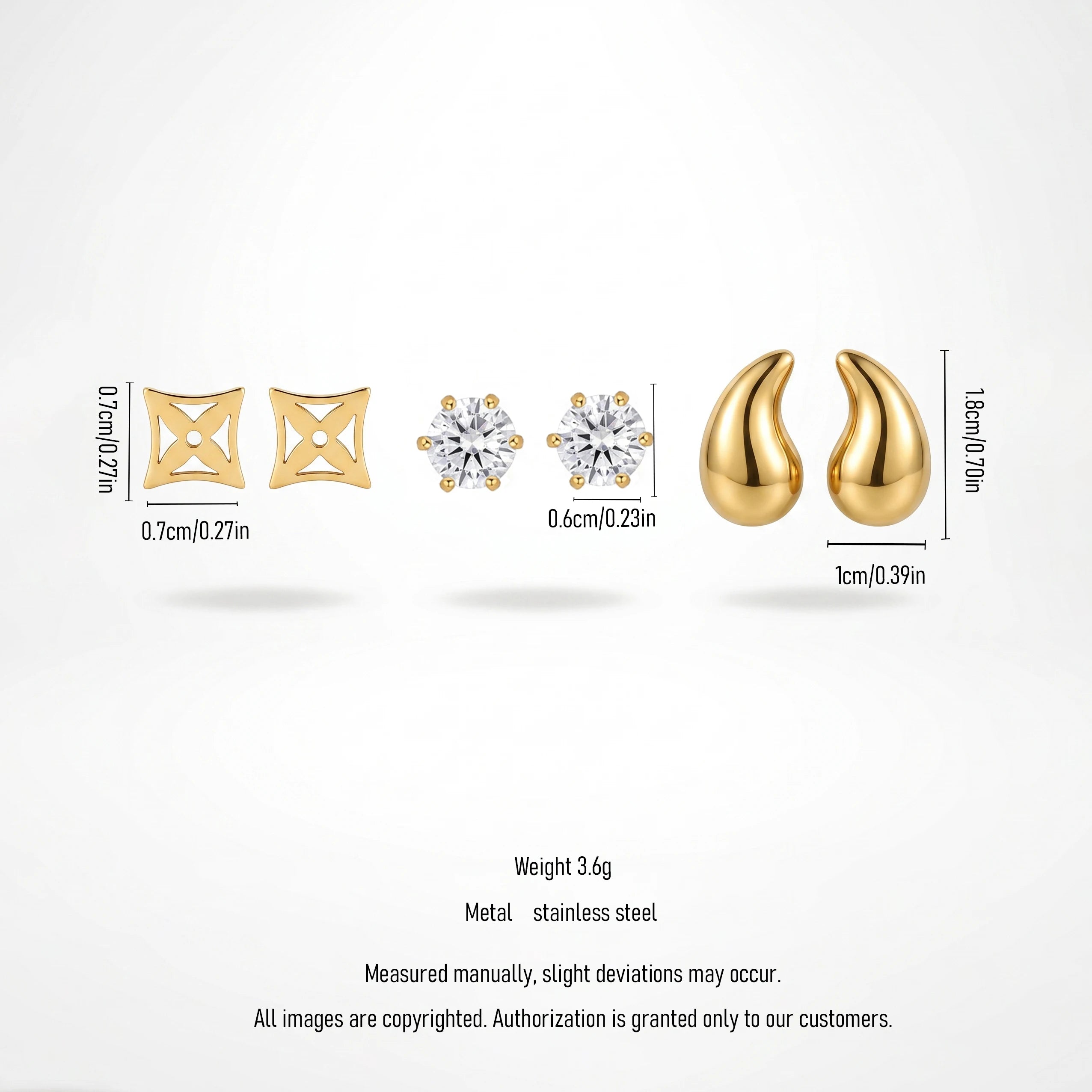 QIAOREN 13255 3 PCS Set  18K Gold Plated Stainless Steel Stud Earrings Set Hollow Square, Round CZ, Teardrop Tiny Ear Studs