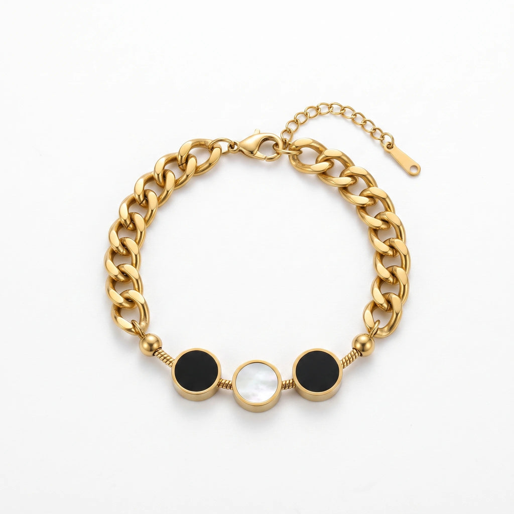 QIAOREN 13764 Thick Cuban Curb Chain Bracelet with Three Round Inlaid Charms,  Extender Lobster Clasp