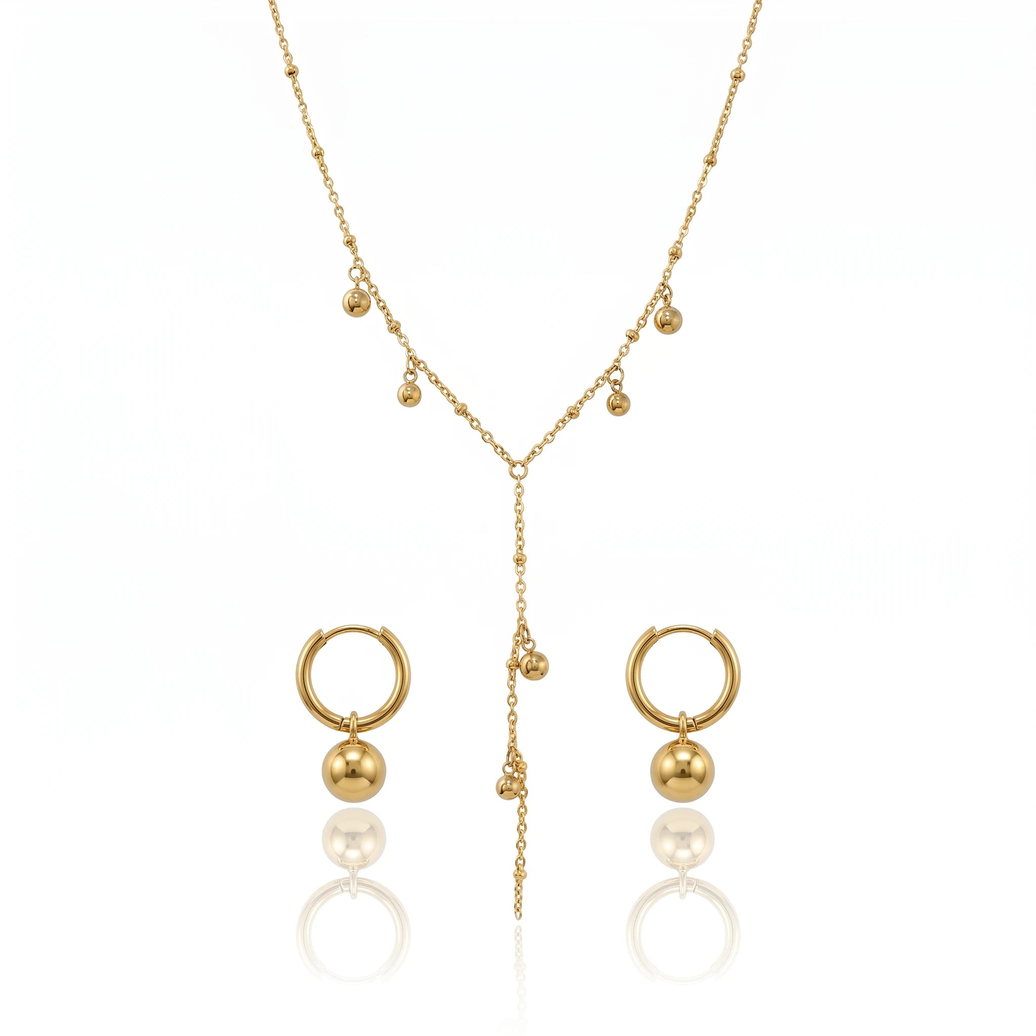QIAOREN 11692 Tarnish Free 18K Gold Stainless Steel Ball Charm Jewelry Set Y Lariat Necklace & Hoop Earrings
