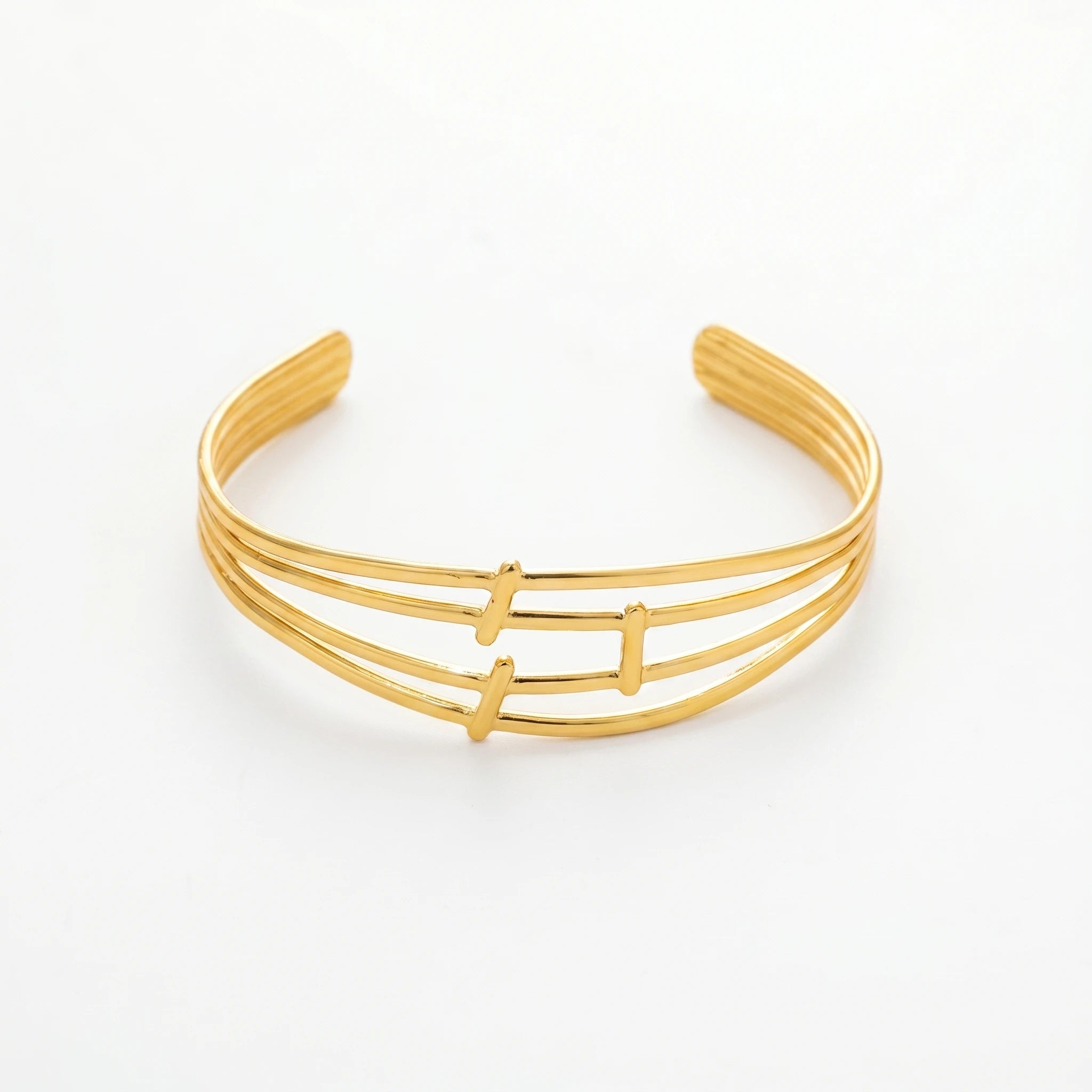 QIAOREN 12672 Sleek Triple Parallel Linked Rod Adjustable Open Cuff Bracelet Tarnish Free Stainless Steel 18K Gold  Line Wrist