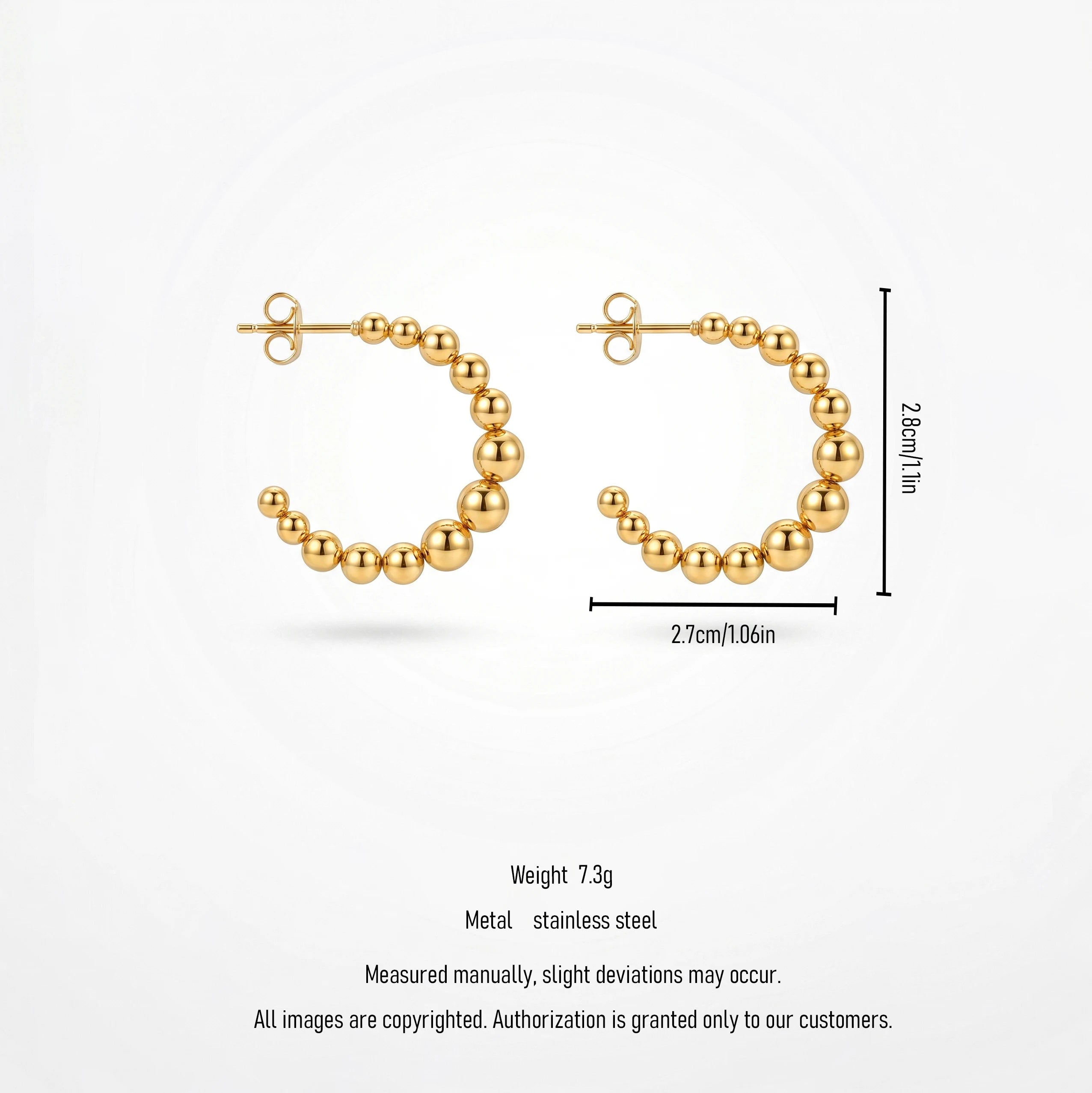 QIAOREN 12416 Elegant Quiet Luxury Spherical Hoop Earrings Gold Stainless Steel Sleek Graduated Beads C-Shaped Statement Studs