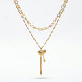 QIAOREN 11625 Stainless Steel 18K Gold Layered Necklace Melting Heart Pendant Double Chain Adjustable Jewelry for Women