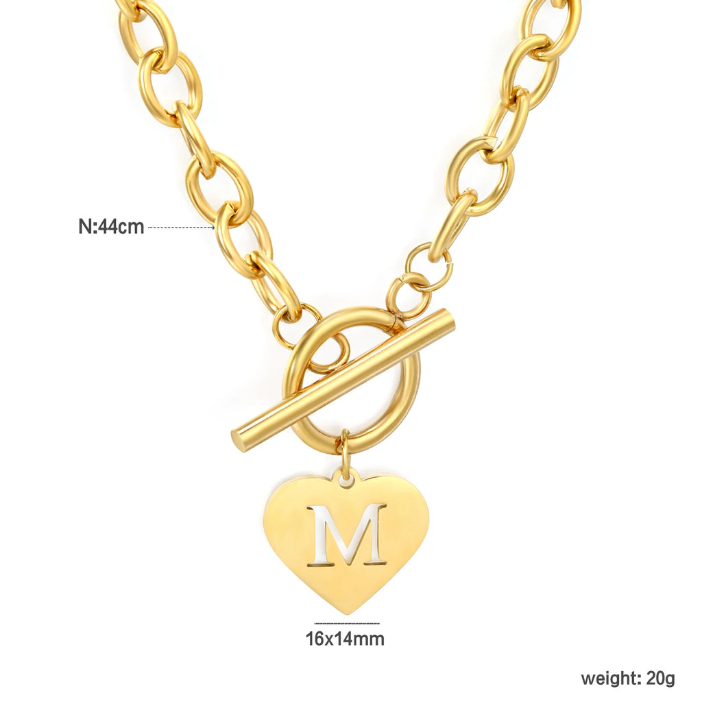 QIAOREN 10541 European American Trendy Punk Style Stainless Steel Link Chain Necklace 18K PVD Gold Plated Heart Women's Jewelry