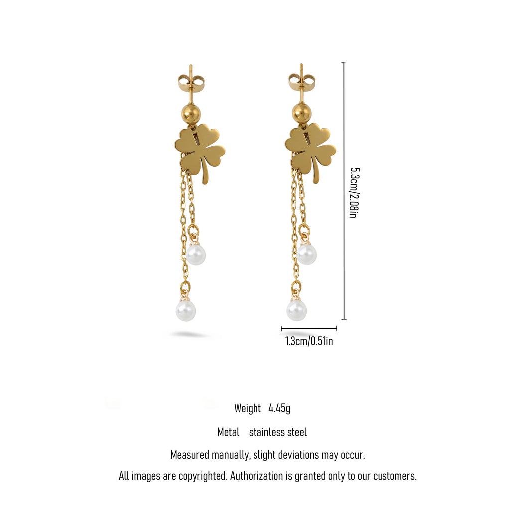 QIAOREN11784 18K Gold Plated Stainless Steel Four Leaf Clover Earrings with Double Pearl Tassel Drop