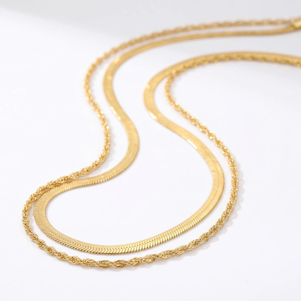 QIAOREN  12921 Double Layer Snake Chain Waist Chain, Herringbone & Rope Dual Layer Chain Jewelry Gift for Daily Fashion Outfits