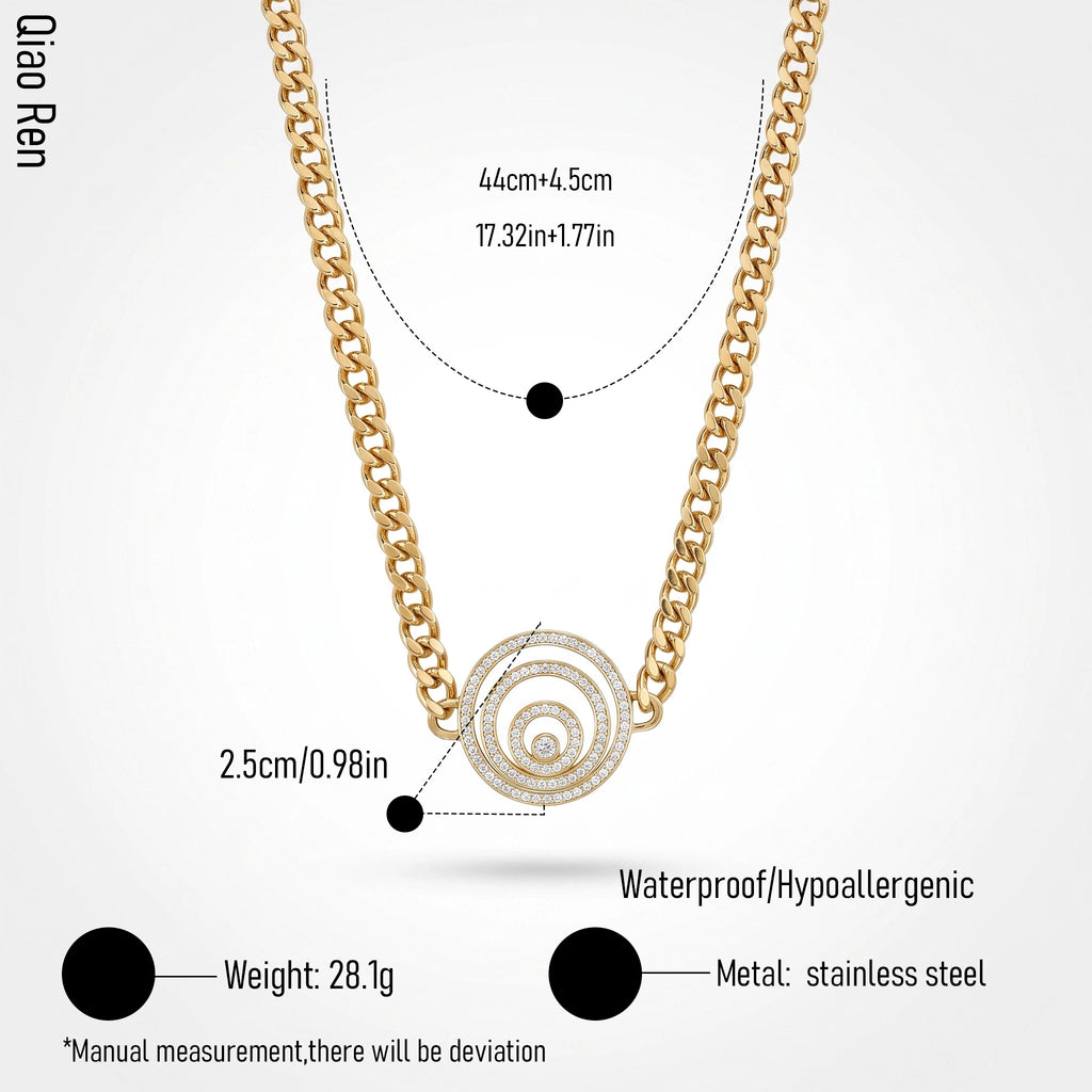 QIAOREN 14418 Paved CZ Concentric Circle Pendant Curb Chain Necklace, Stainless Steel Necklace Jewelry Gift