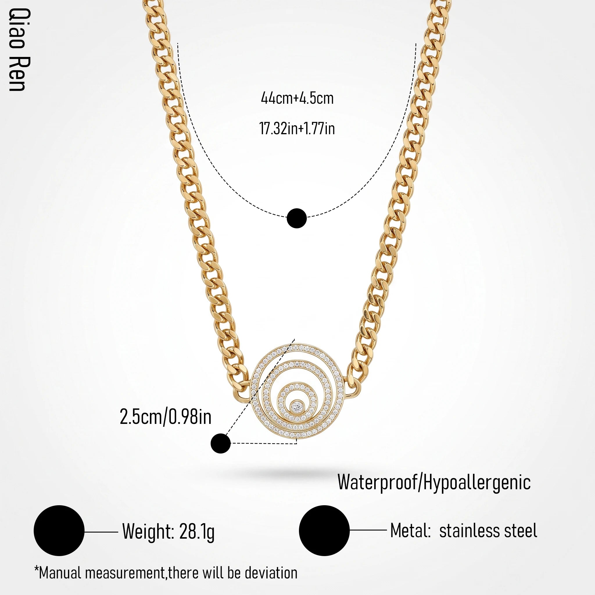 QIAOREN 14418 Paved CZ Concentric Circle Pendant Curb Chain Necklace, Stainless Steel Necklace Jewelry Gift
