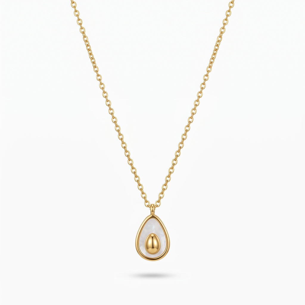 QIAOREN 13536 Dainty Teardrop White Shell Inlay Pendant Necklace with Solid Oval Gold Center Charm, Thin Cable Chain Necklace