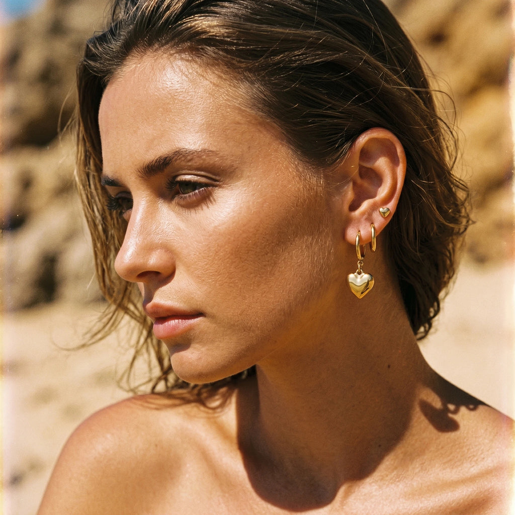 QIAOREN 11764 Minimalist Solid Puffy Heart Combo Earrings 18K Gold Plated Stainless Steel Hoop Stud Set Party Women's