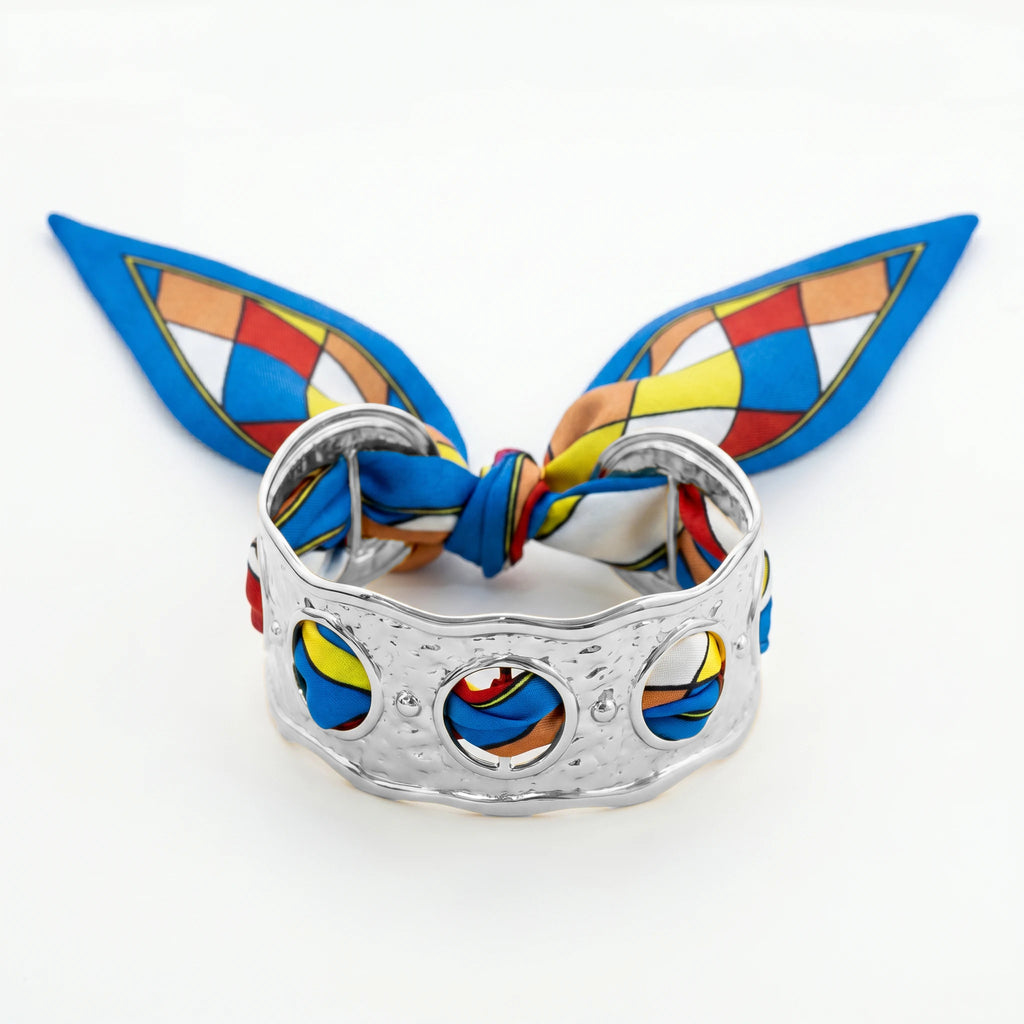 QIAOREN 11007 Colorful Geometric Scarf Bracelet Gold Stainless Steel Wide Cuff Adjustable Summer Beach Jewelry