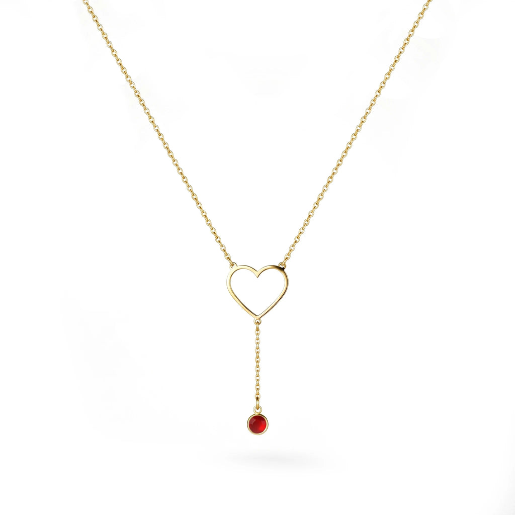 QIAOREN 11818 Waterproof Hollow Heart Lariat Necklace 18K Gold Stainless Steel Red CZ Drop Beach-Ready Summer Vacation Jewelry