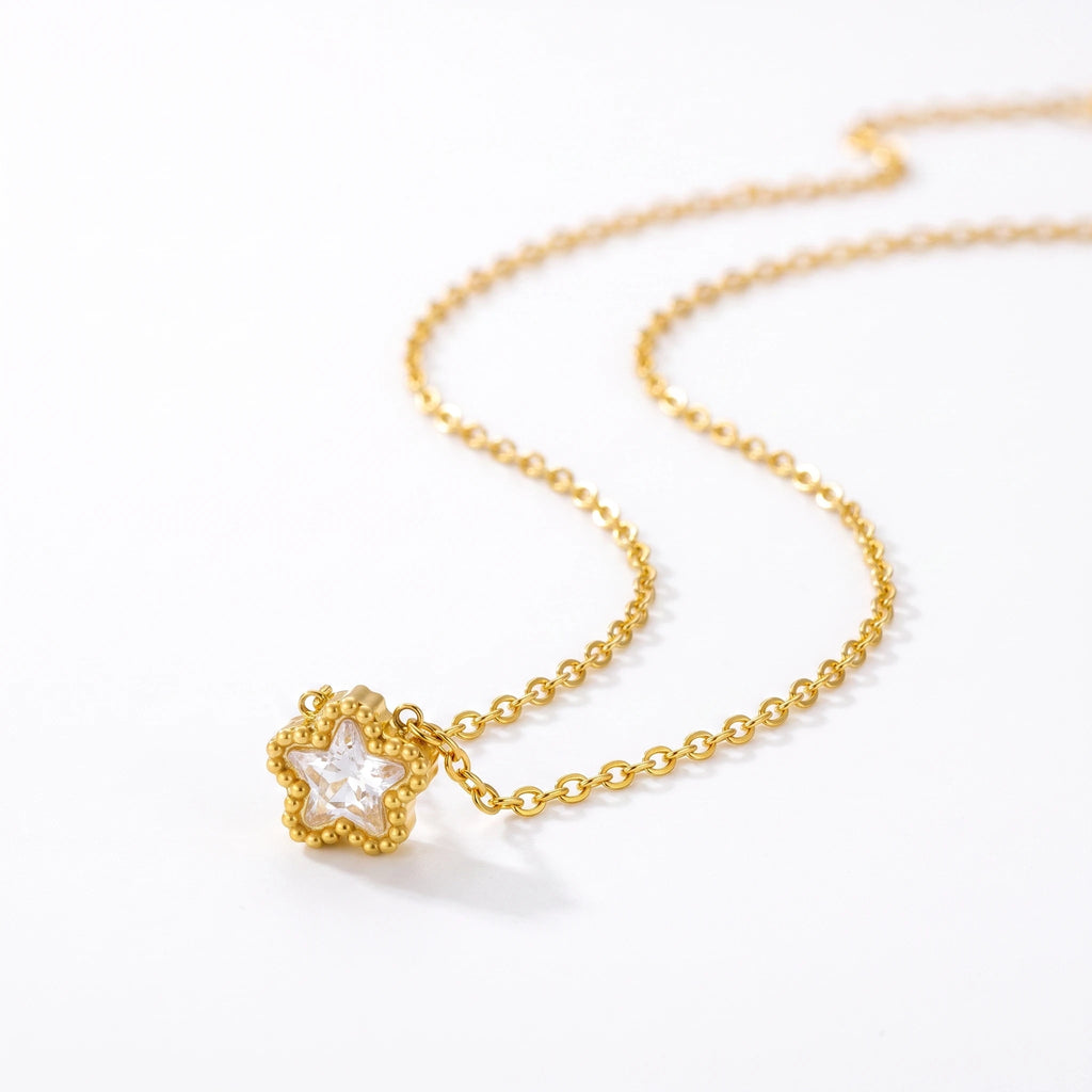 QIAOREN 13542 Dainty Single Star Zircon Pendant Necklace with Beaded Border Frame, Thin Gold Cable Chain