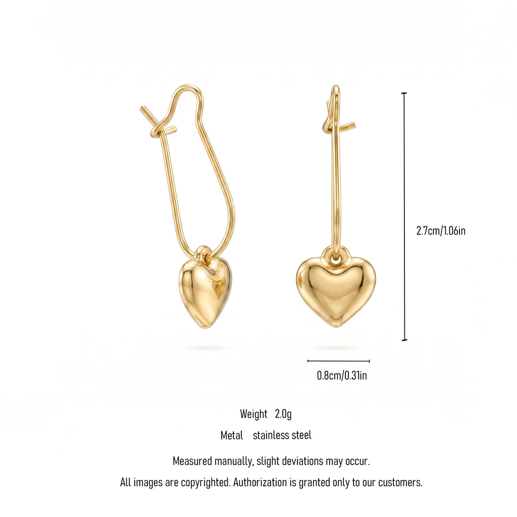 QIAOREN 11184 Trendy Puffy Heart Drop Earrings Stainless Steel Gold Hook Earrings for Women Romantic Minimal Jewelry