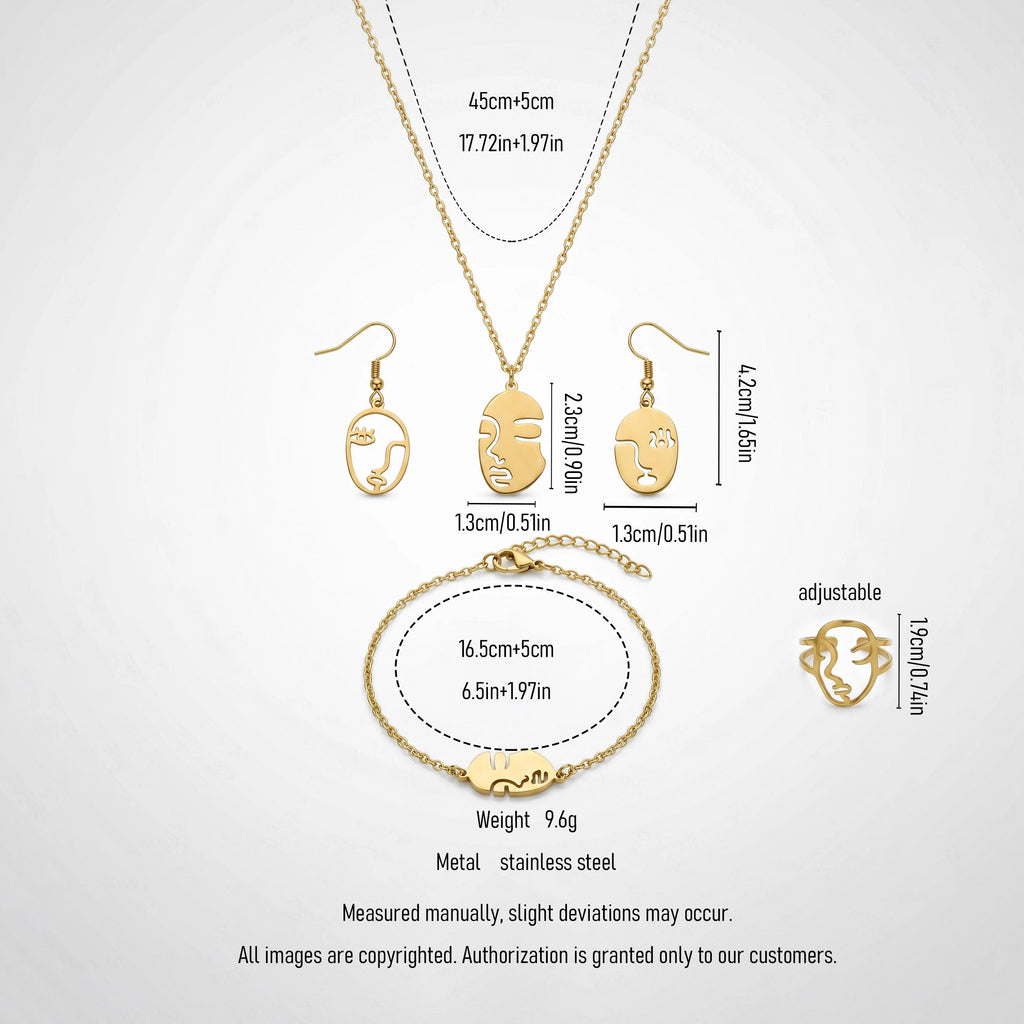 QIAOREN12141Ins Minimalist Abstract Human Face Cutout Stainless Steel 4 in 1 Jewelry Set Gold Plated Ladies Jewelry  Europe USA