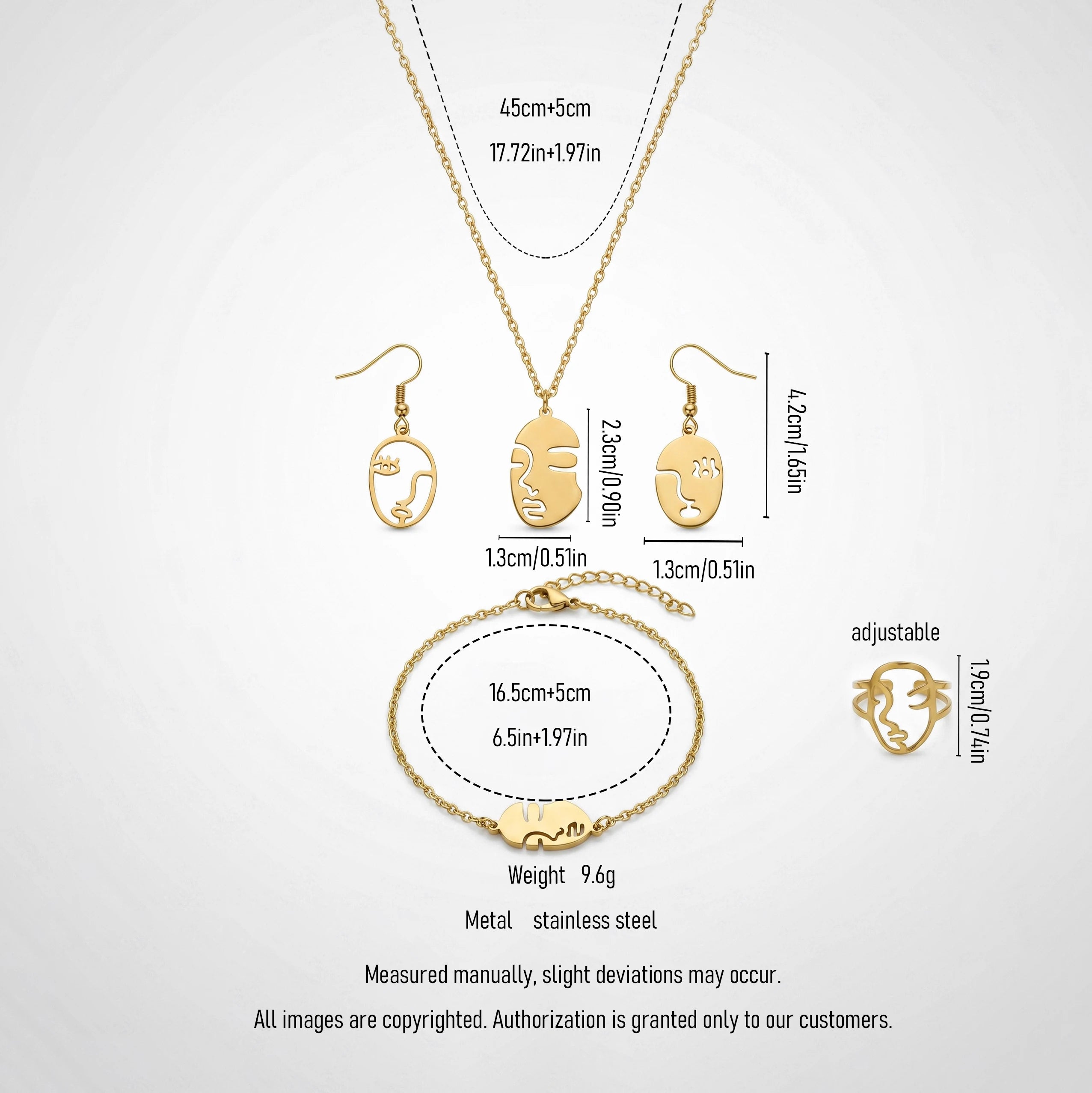 QIAOREN12141Ins Minimalist Abstract Human Face Cutout Stainless Steel 4 in 1 Jewelry Set Gold Plated Ladies Jewelry  Europe USA
