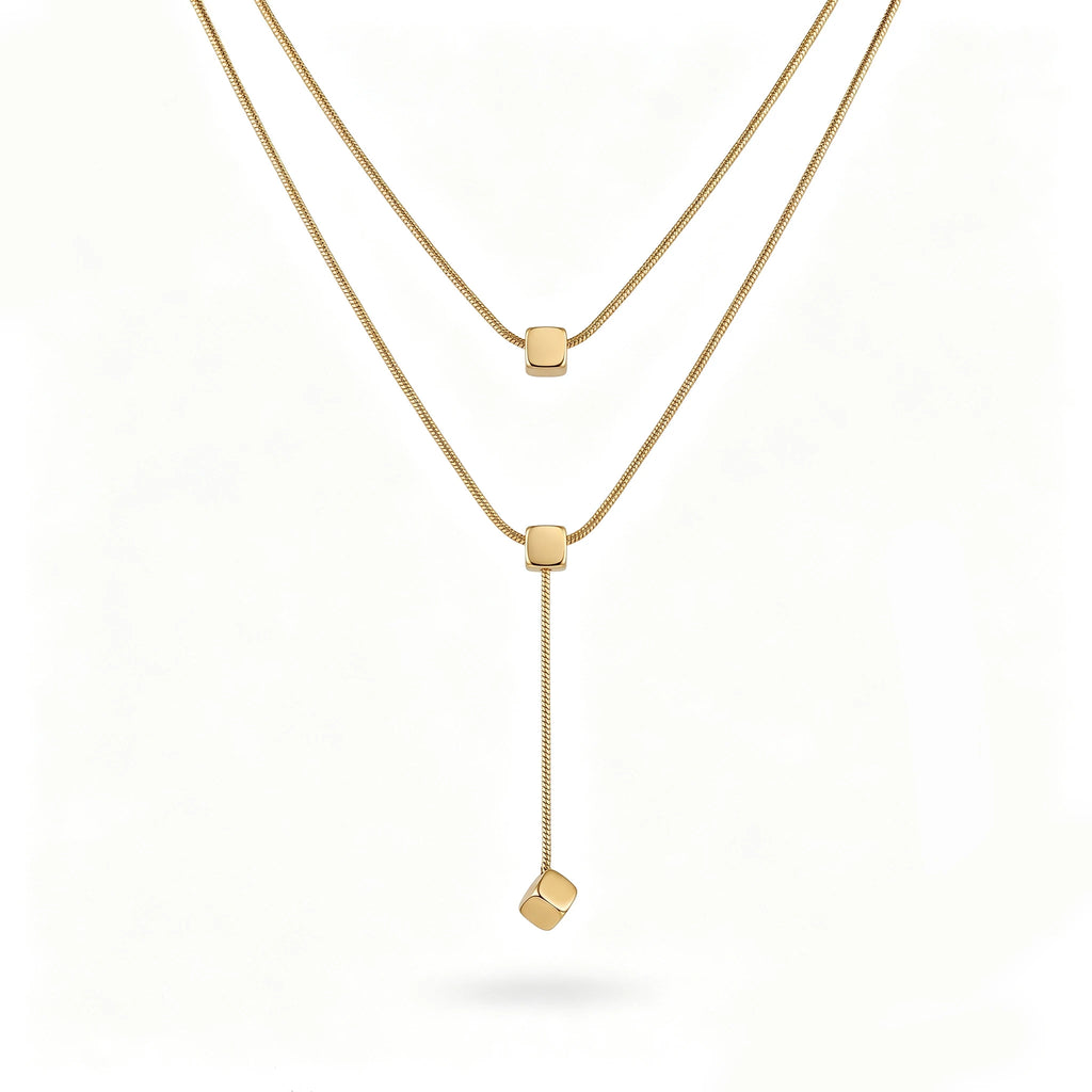 QIAOREN 13466 Minimalist Double Layer Snake Chain Necklace with Sliding Square Cube Pendants, Dainty Y Drop Neck Jewelry Gift