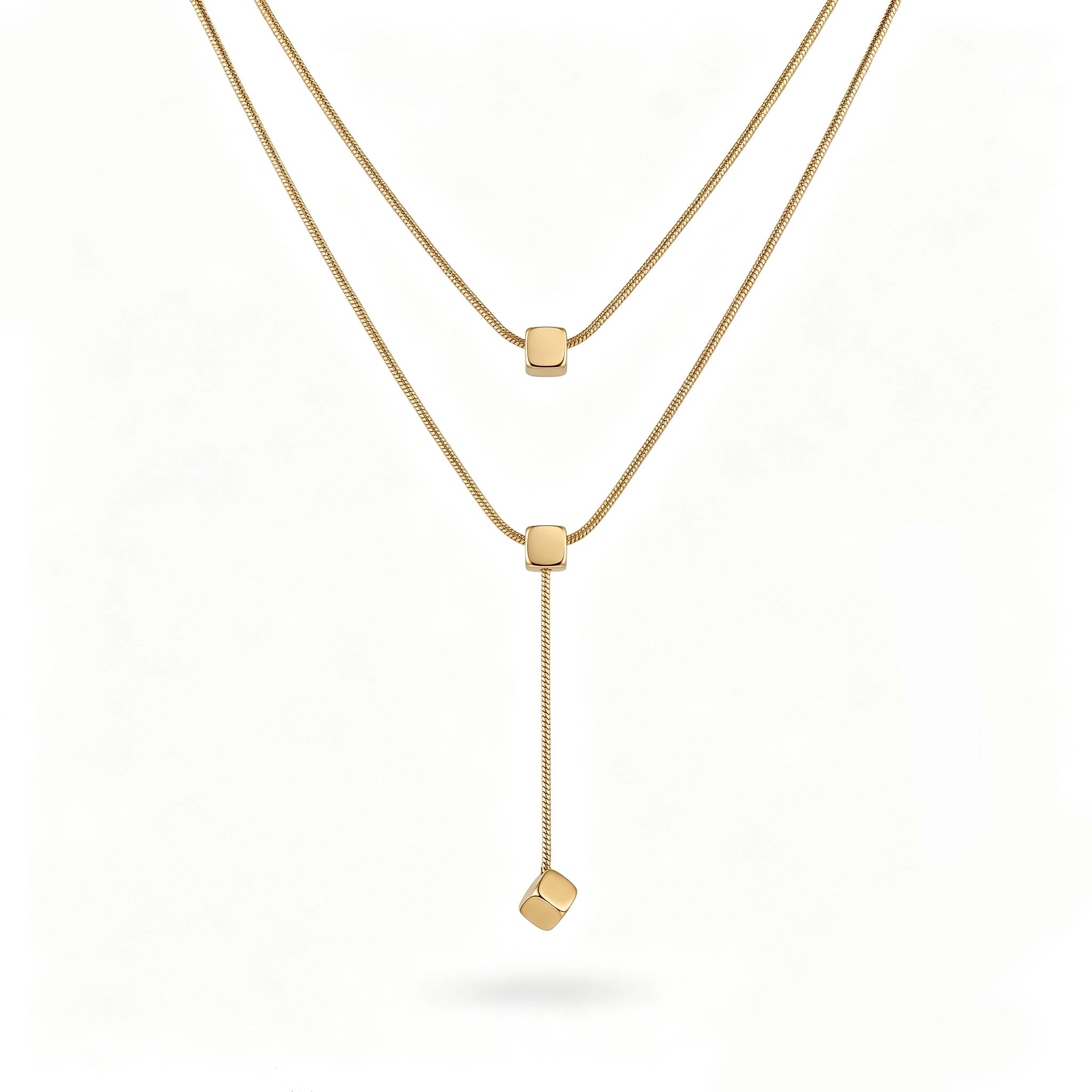 QIAOREN 13466 Minimalist Double Layer Snake Chain Necklace with Sliding Square Cube Pendants, Dainty Y Drop Neck Jewelry Gift