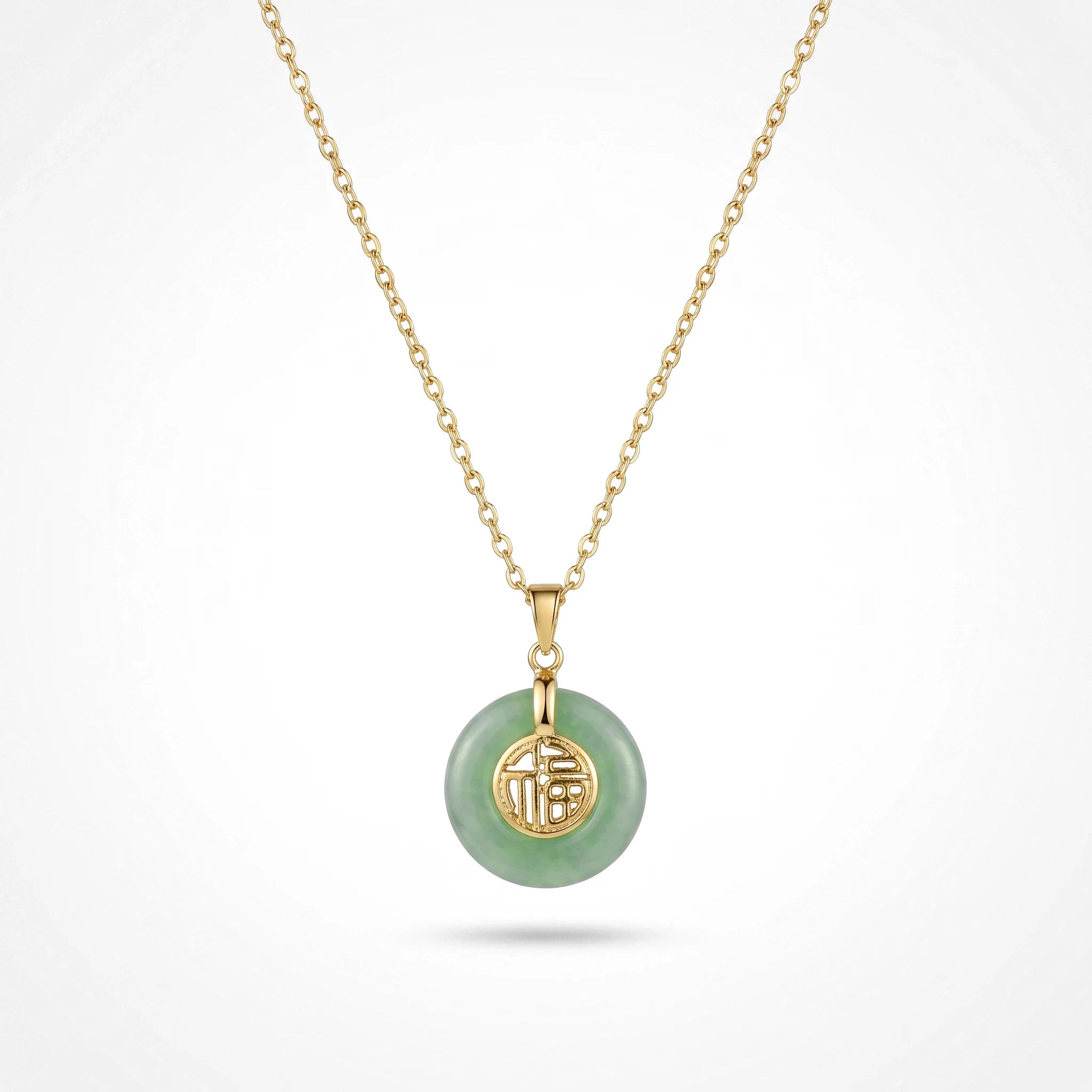 QIAOREN 13758-59  Thin Oval Link Chain Pendant Necklace with Green Jade Peace Donut Charm Inlaid Hollow Chinese Fu