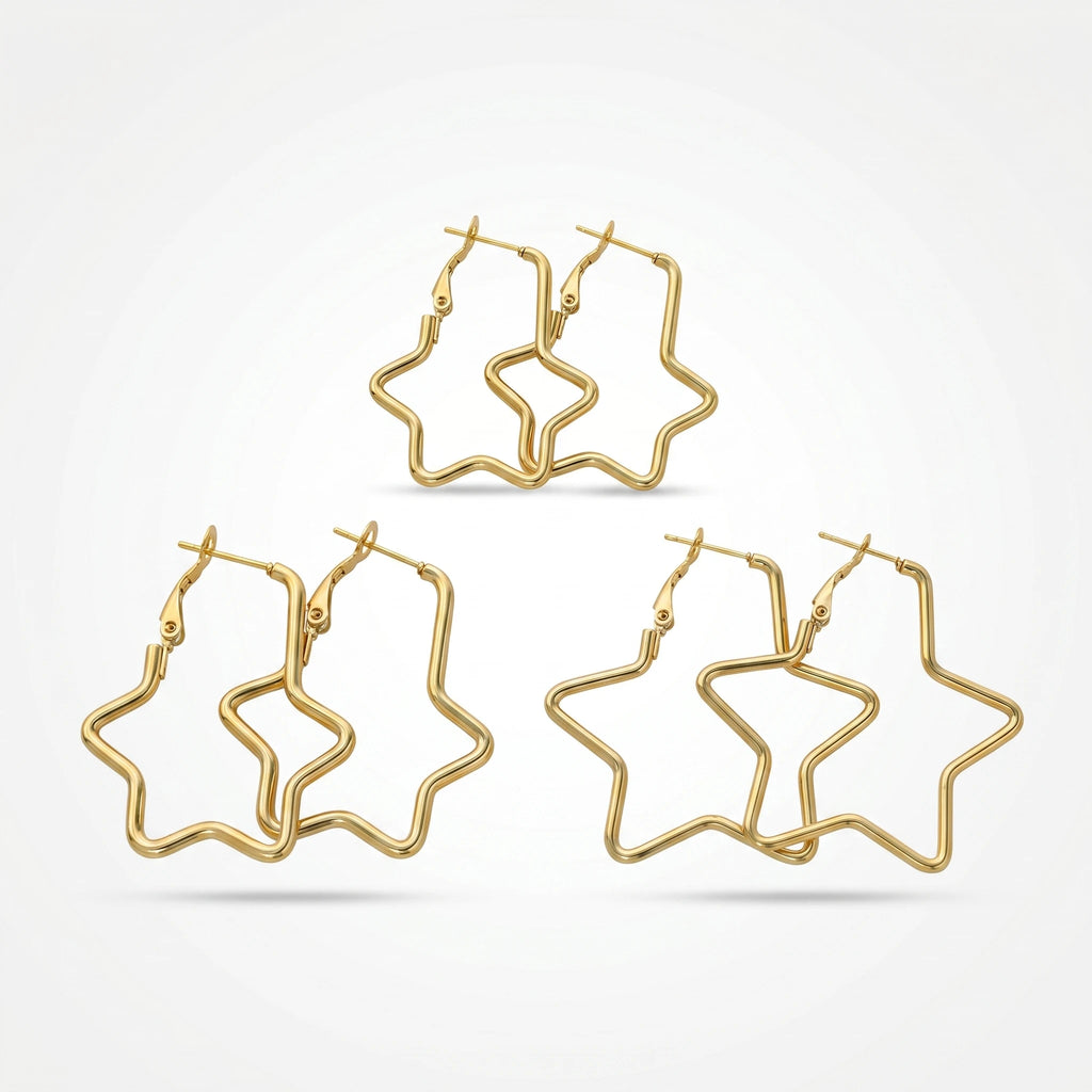 QIAOREN 13193 Gold Plated Star Hoop Earrings for Women Stainless Steel Geometric Statement Dangle Fashion Jewelry