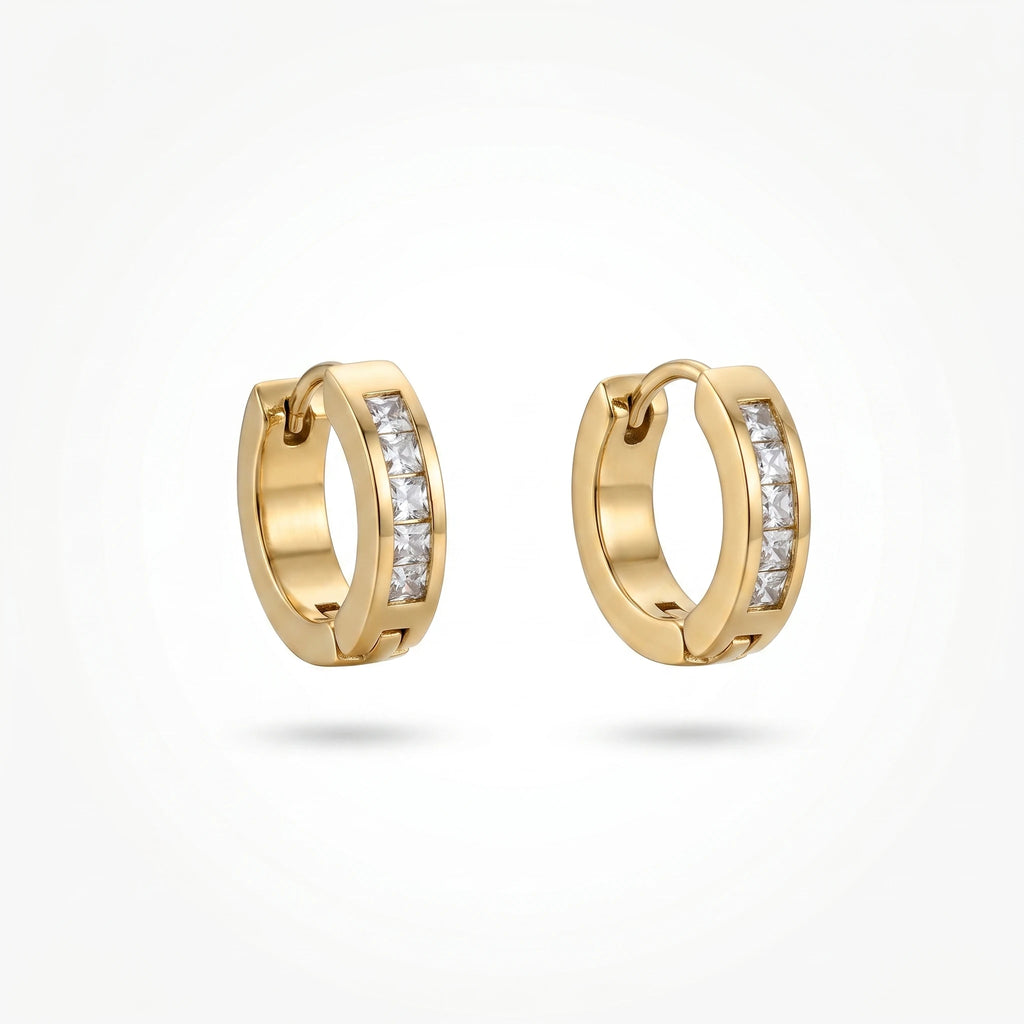 QIAOREN 12338 Princess Cut CZ Hoop Earrings Gold Stainless Steel High Polished Square Crystal Channel Set Huggies Women US EU
