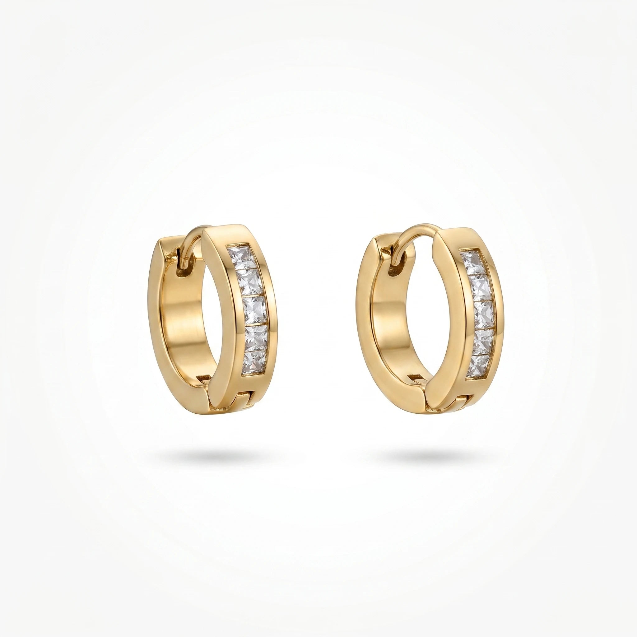 QIAOREN 12338 Princess Cut CZ Hoop Earrings Gold Stainless Steel High Polished Square Crystal Channel Set Huggies Women US EU