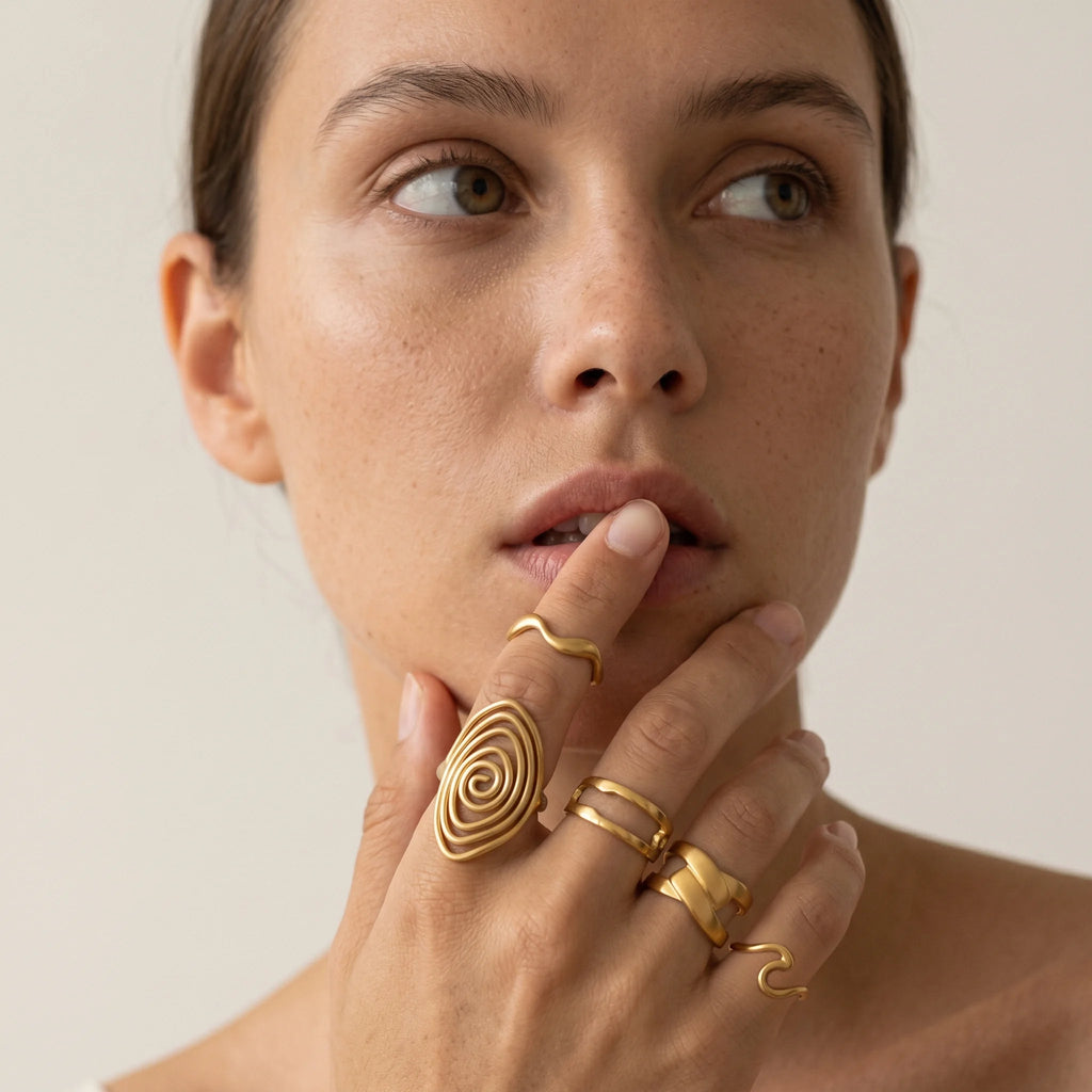 QIAOREN 5Pcs 18K Gold Plated Stainless Steel Adjustable Open Ring Set Spiral Wave Stackable Statement Rings for Women