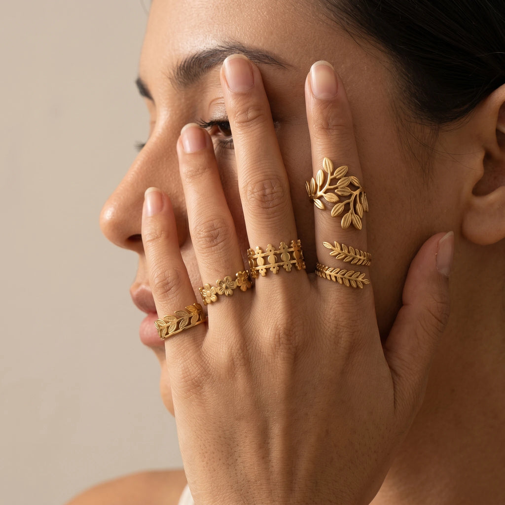 QIAOREN 5Pcs Boho Leaf Flower Gold Stainless Steel Rings Set Tarnish Free Adjustable Stackable Open Cuff Rings for Women