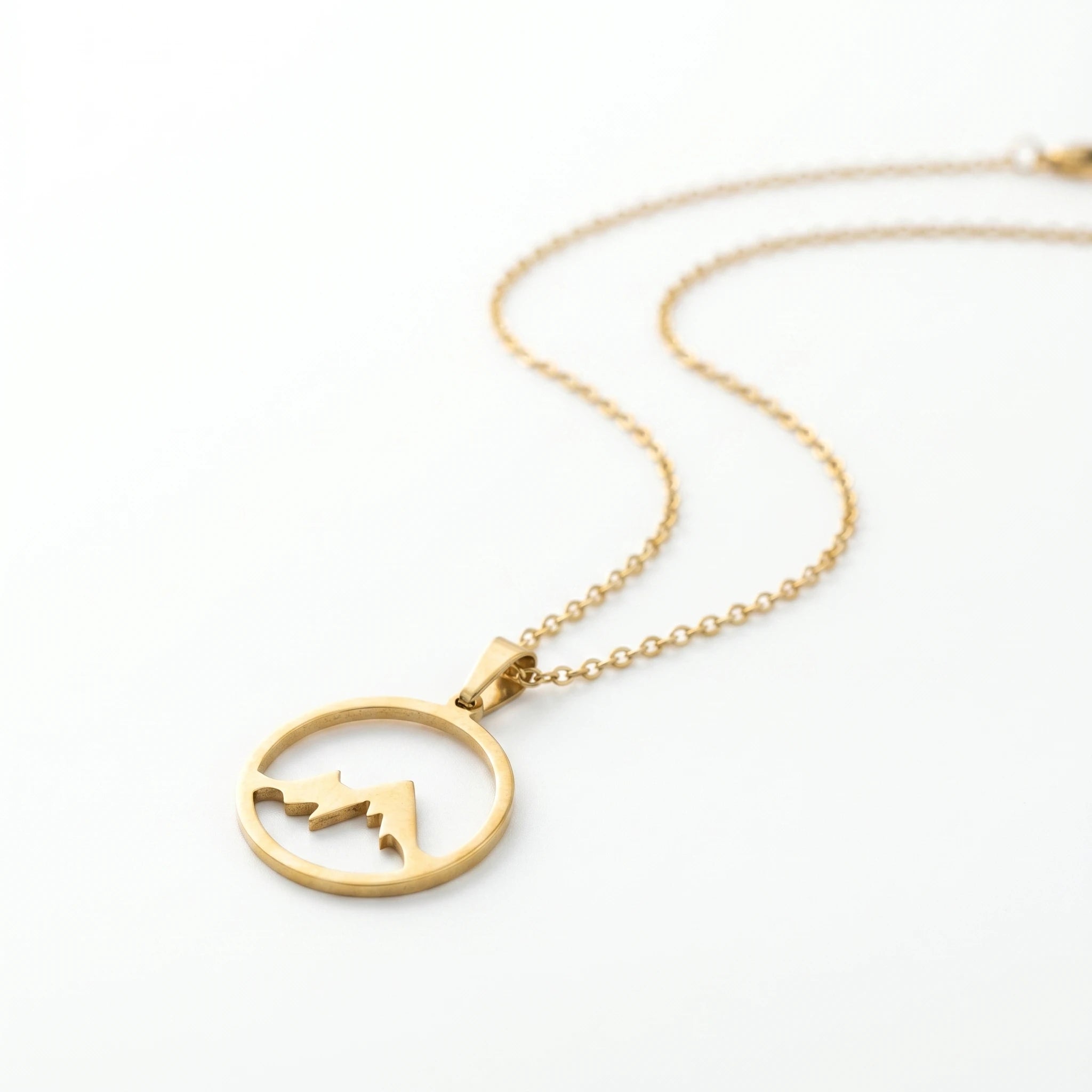 QIAOREN 11251 18K Gold Plated Hollow Mountain Circle Pendant Necklace Stainless Steel Tarnish Free Adventure Hiking Jewelry