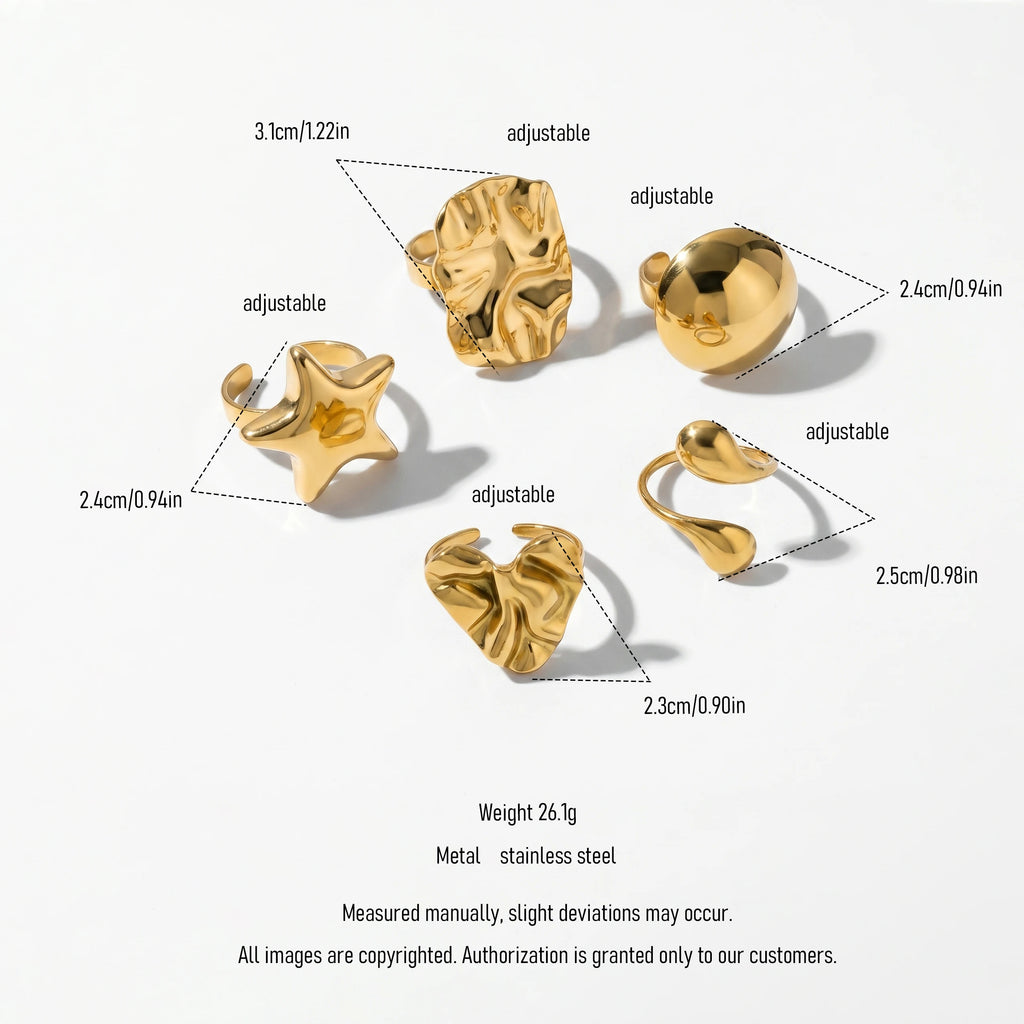 QIAOREN 13101-05 5Pcs 18K Gold Plated Stainless Steel Open Ring Set, Adjustable Stackable Durable Finger Rings