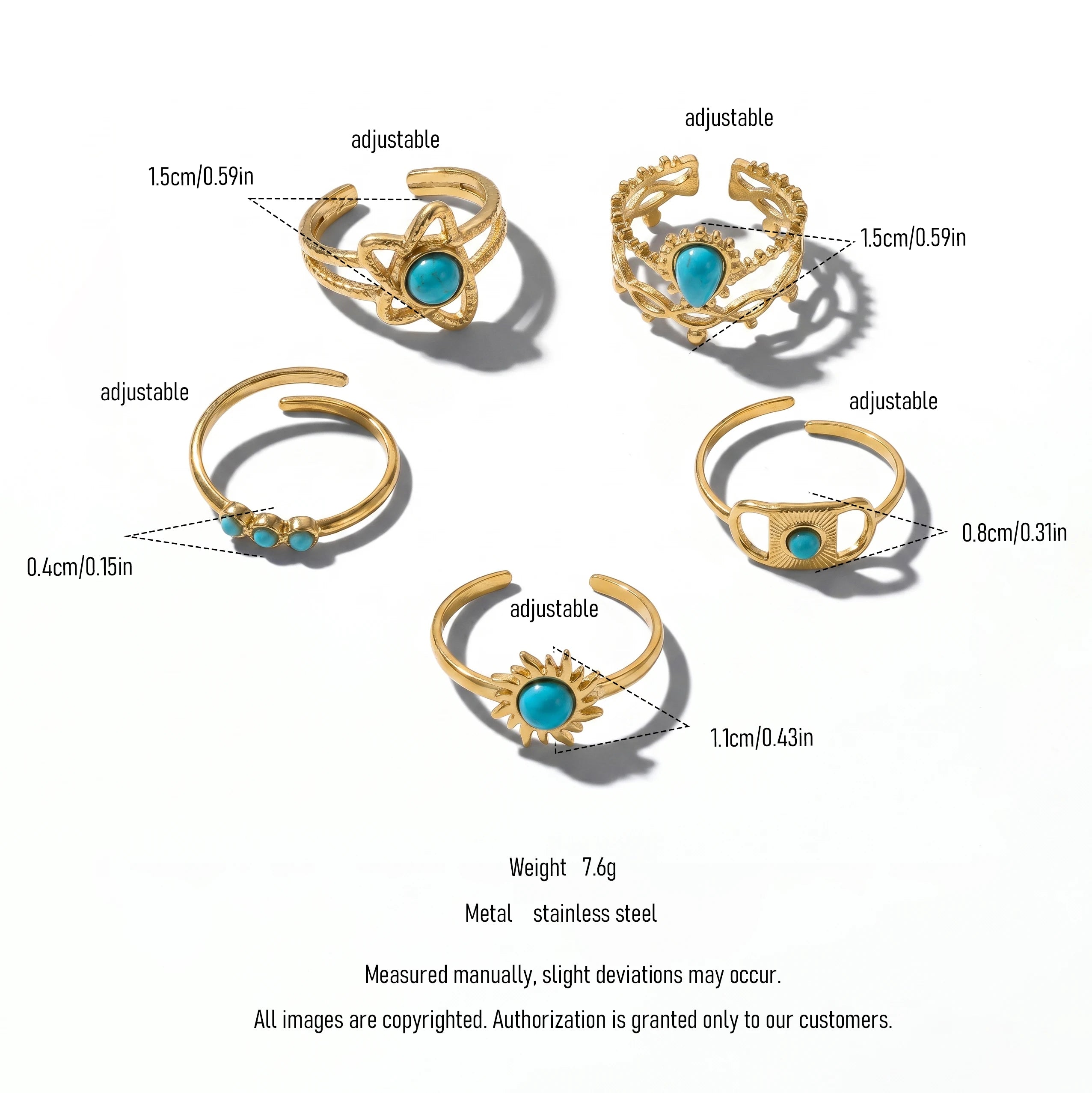 QIAOREN 5Pcs Gold Stainless Steel Turquoise Open Ring Set Irregular Hammered Crown Adjustable Boho Stackable Rings
