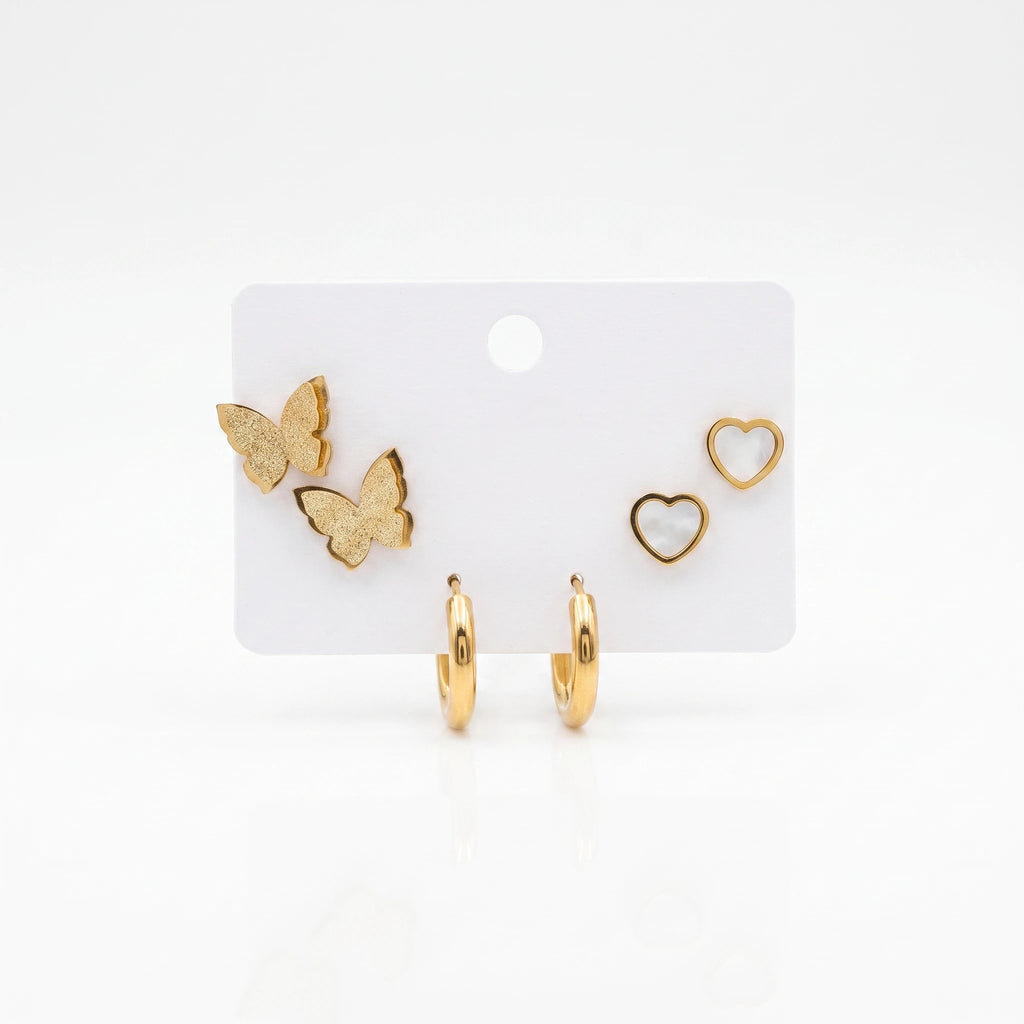QIAOREN 14484 3 Pairs Gold Stainless Steel Earrings Set, Frosted Butterfly Studs, Shell Heart Studs & Minimalist Huggie Hoop Ear