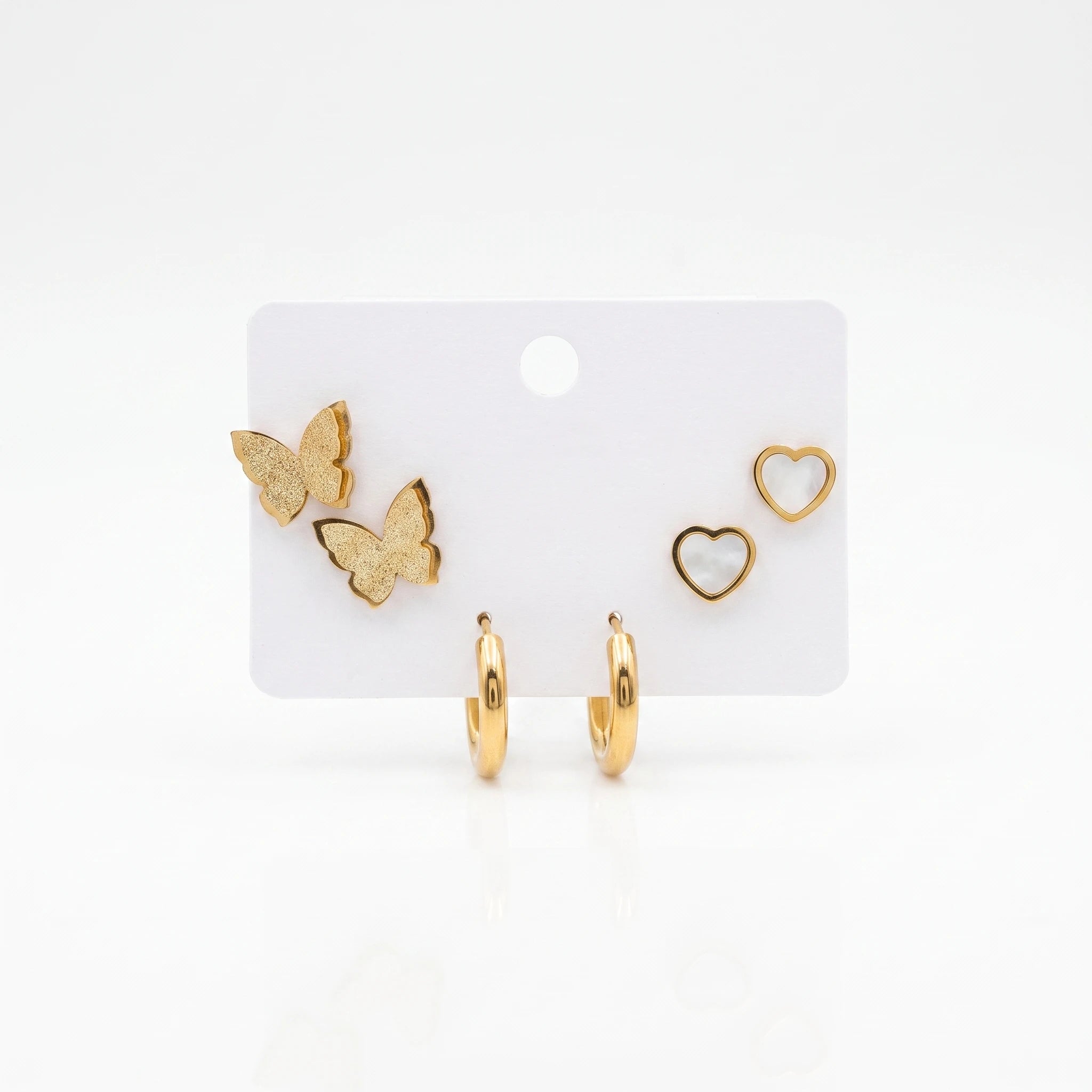 QIAOREN 14484 3 Pairs Gold Stainless Steel Earrings Set, Frosted Butterfly Studs, Shell Heart Studs & Minimalist Huggie Hoop Ear