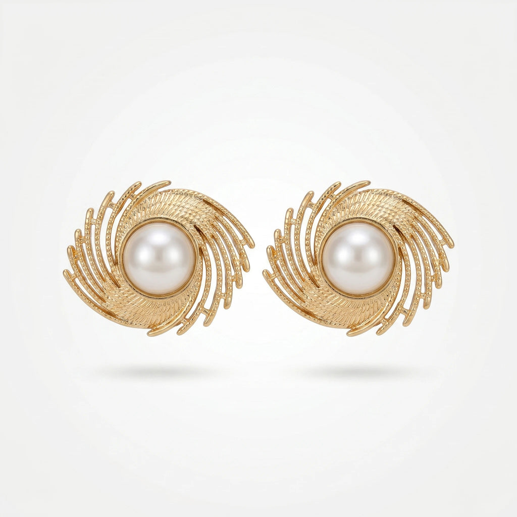 QIAOREN 12261 Elegant Baroque Pearl Galaxy Swirl Earrings Gold Stainless Steel Etched Openwork Studs Statement Jewelry Gift EU