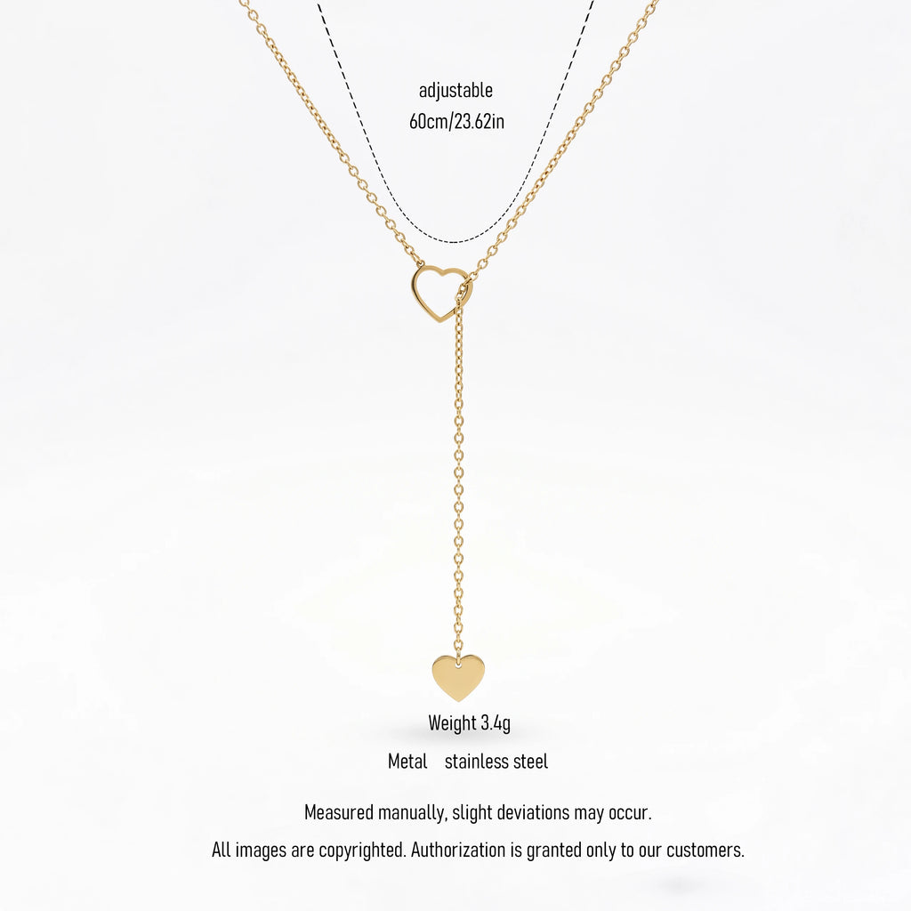 QIAOREN 12874 Gold Heart Y Lariat Necklace for Women Adjustable Dainty Drop Pendant Minimalist Gold Plated Love Jewelry Gift