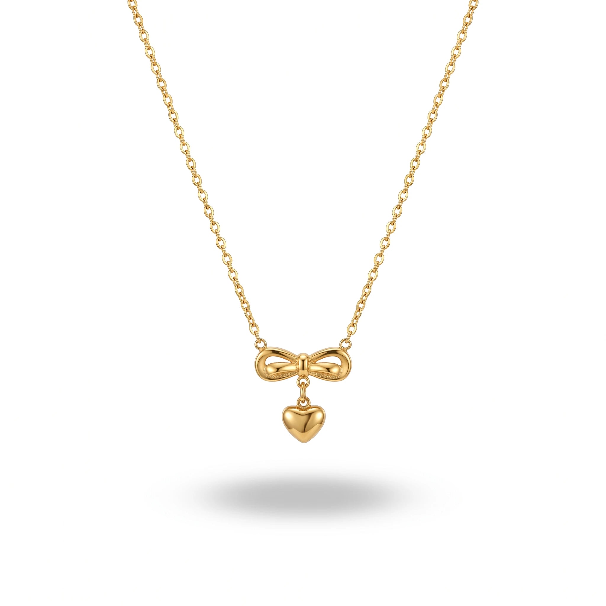 QIAOREN 13499 Coquette Style Bow Drop Heart Pendant Necklace, Dainty Thin Oval Cable Chain Gold Neck Jewelry Gift
