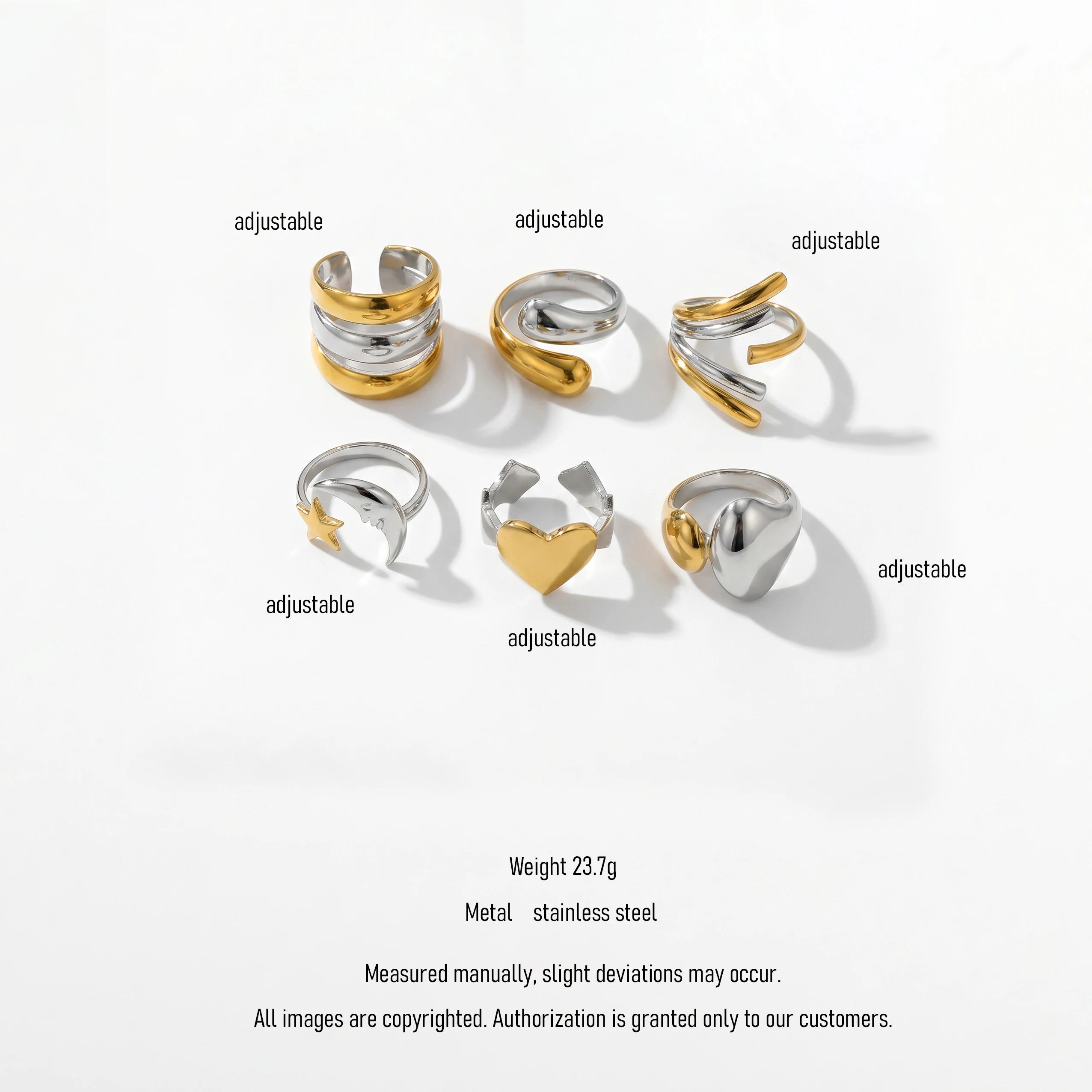 QIAOREN 12968-73 18K Gold Plated 316L Stainless Steel Two Tone Snake Star Adjustable Rings Set Tarnish Free Waterproof Jewelry